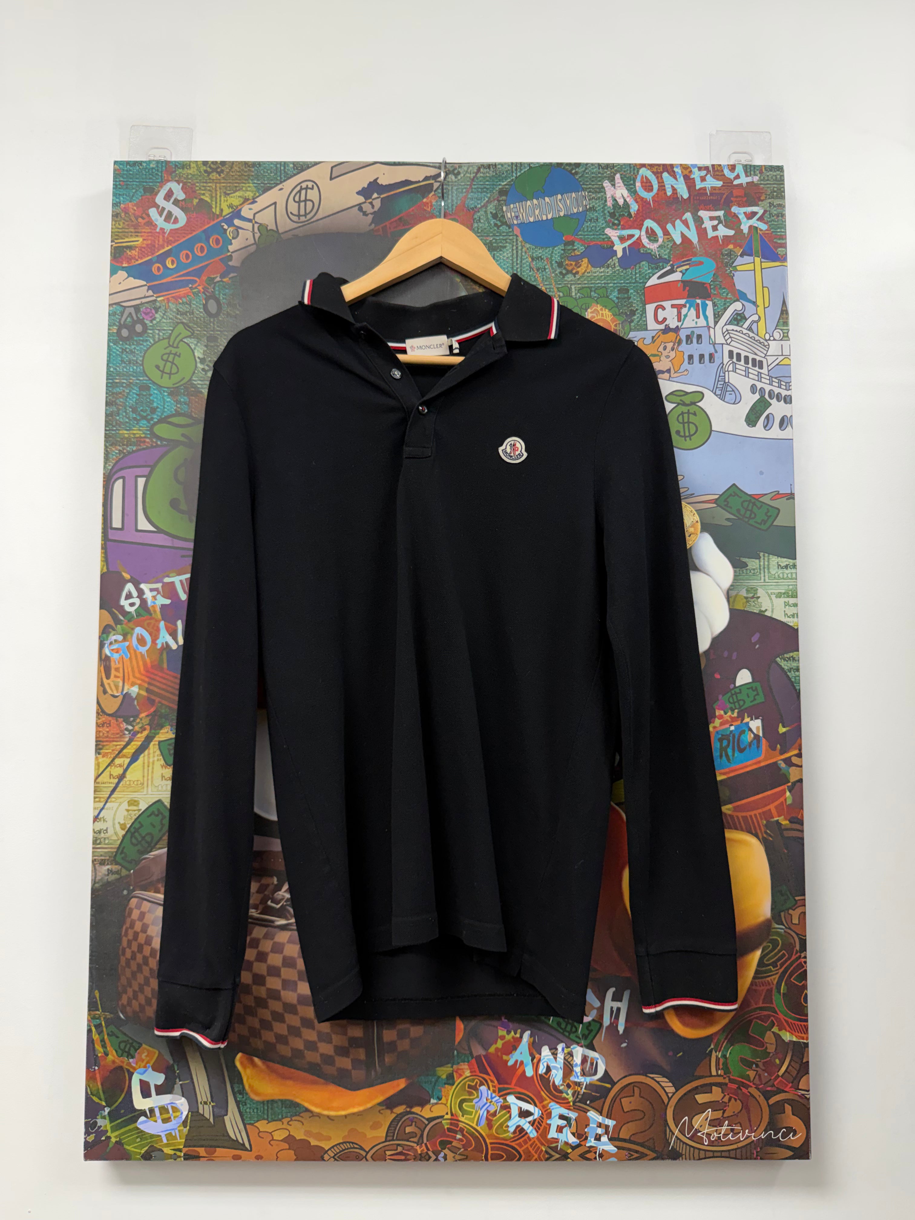 Moncler Long Sleeve Black Logo Polo