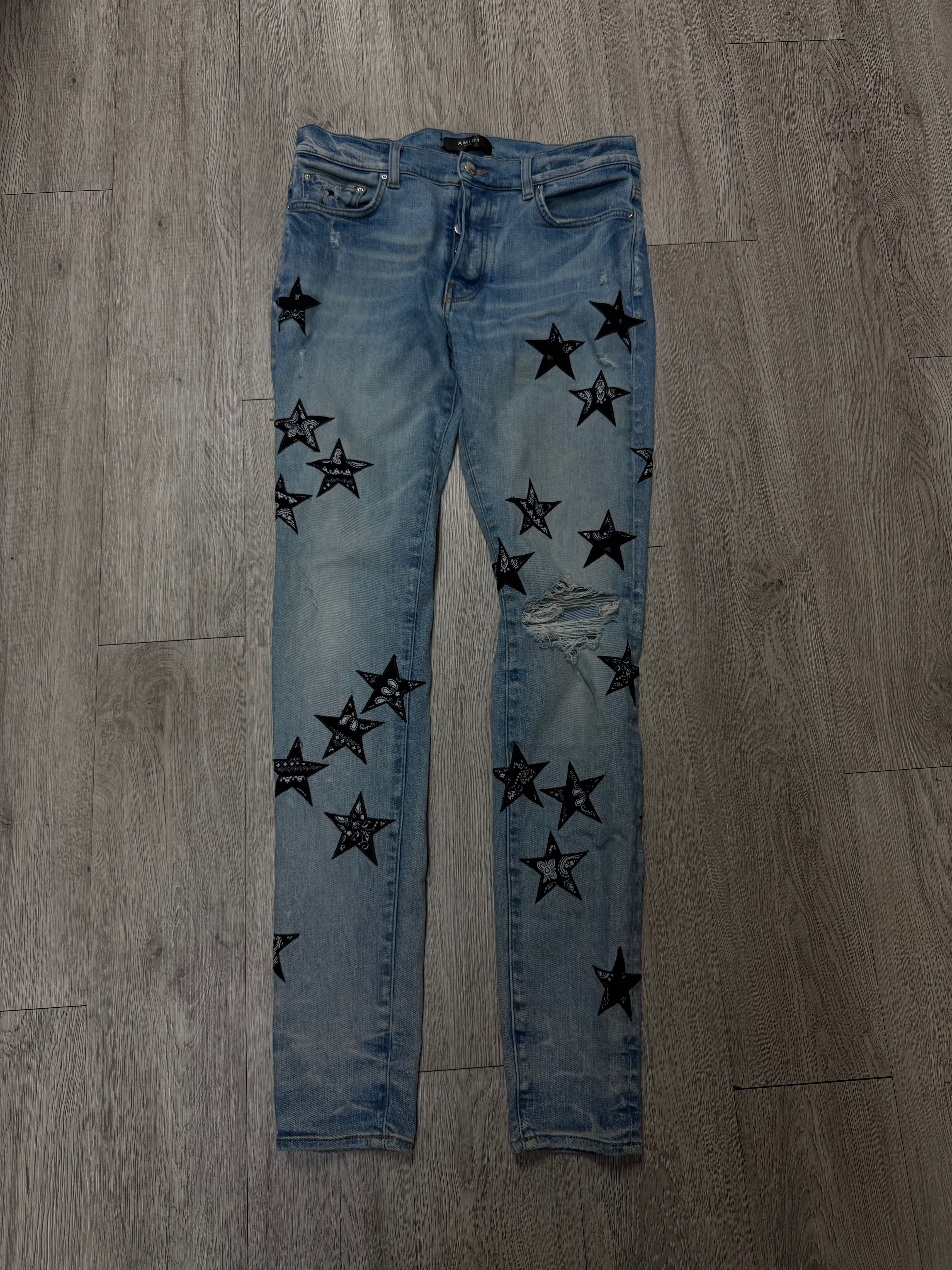 Amiri Light Wash Black Paisley Stars Jeans