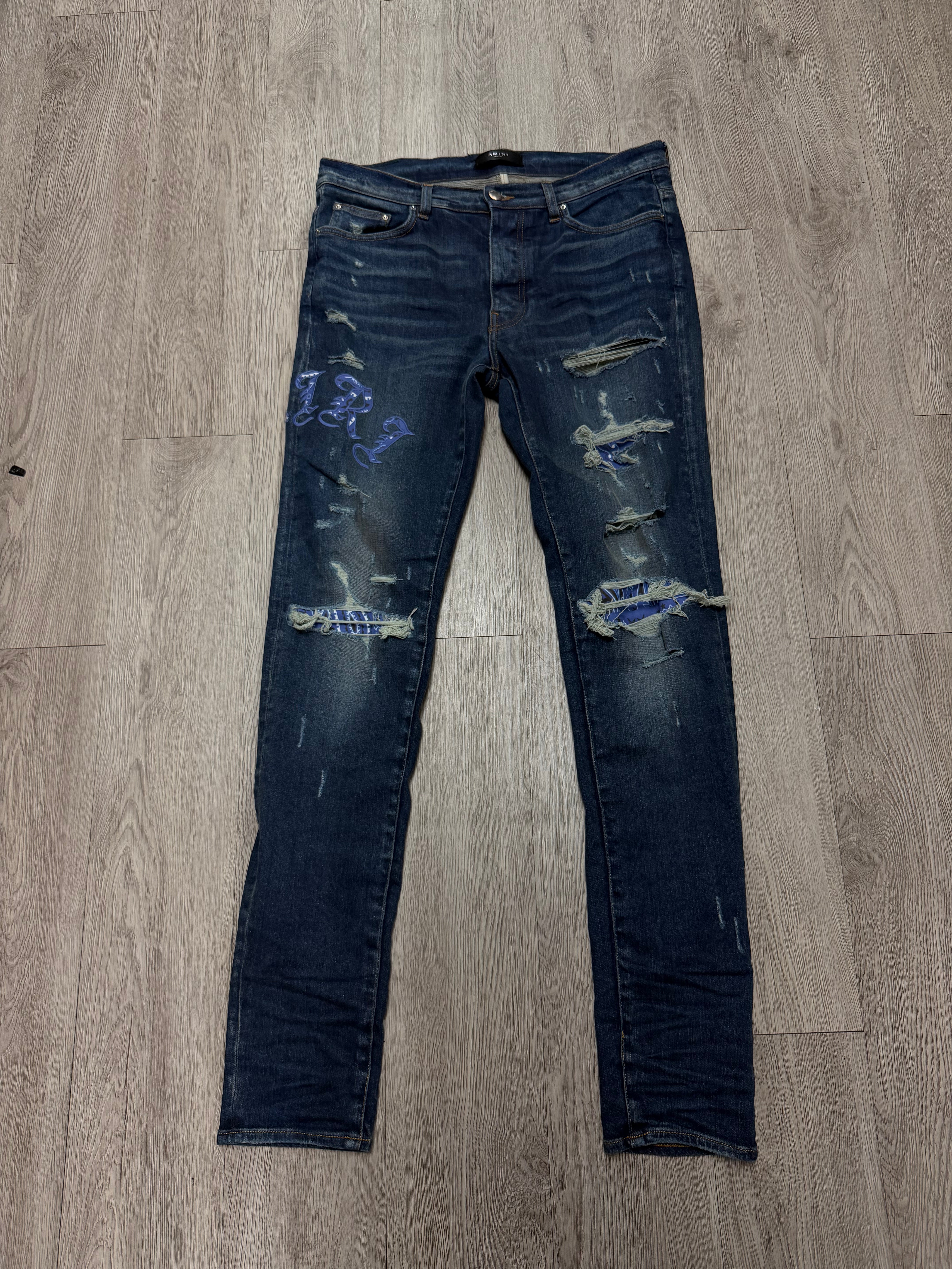 Amiri Dark Wash Blue Paisley Old English Jeans