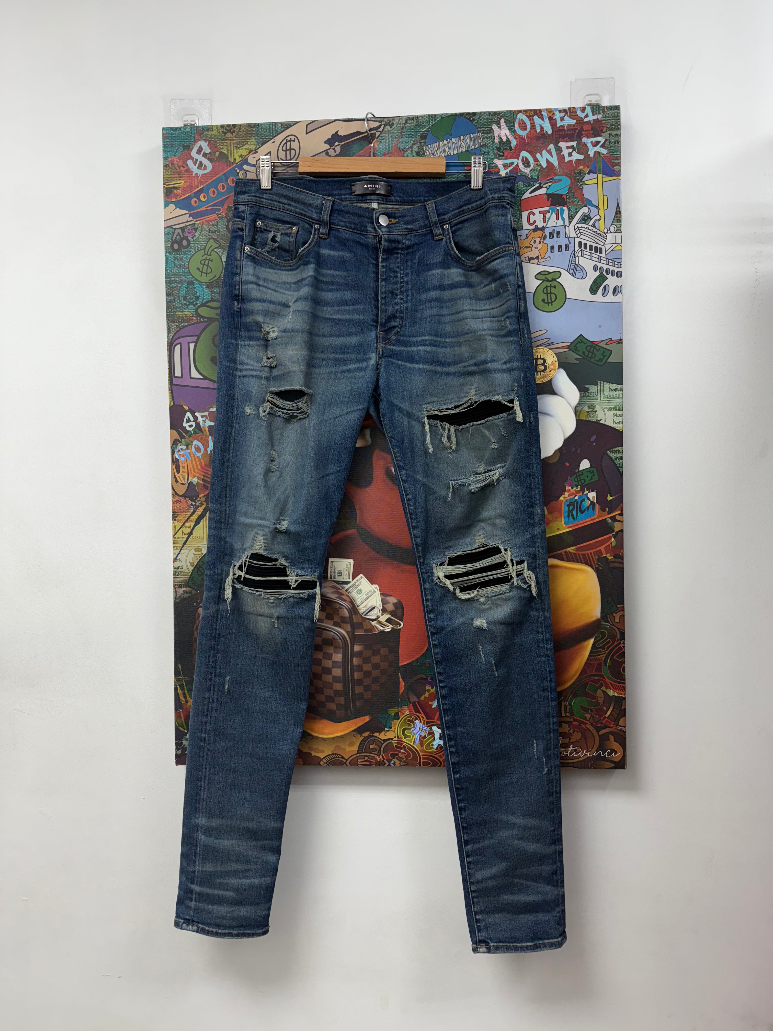 Amiri MX1 Navy Wash Black Suede Patch Jeans
