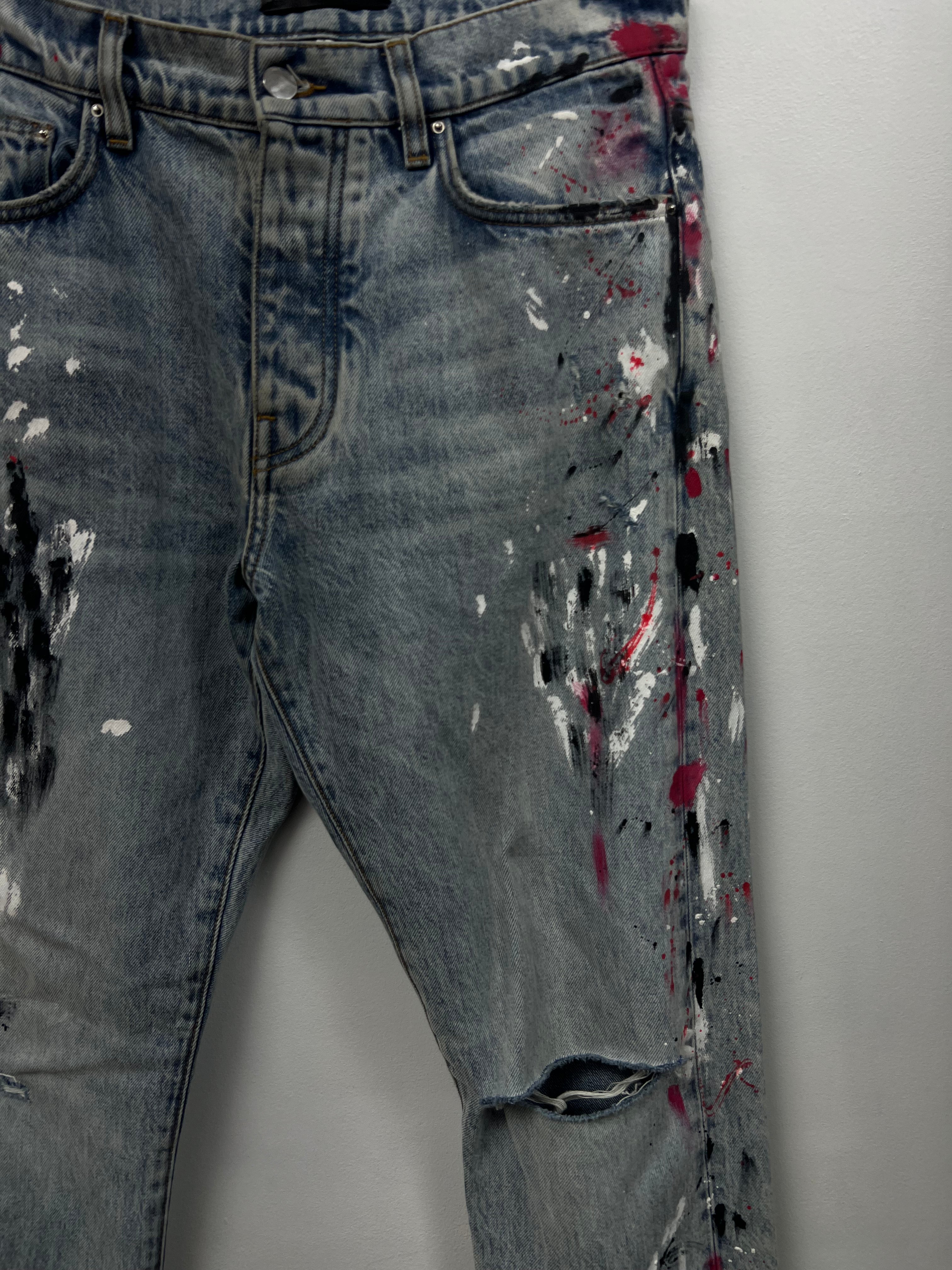 Amiri Light Wash White Red Black Splatter Straight Leg Jeans
