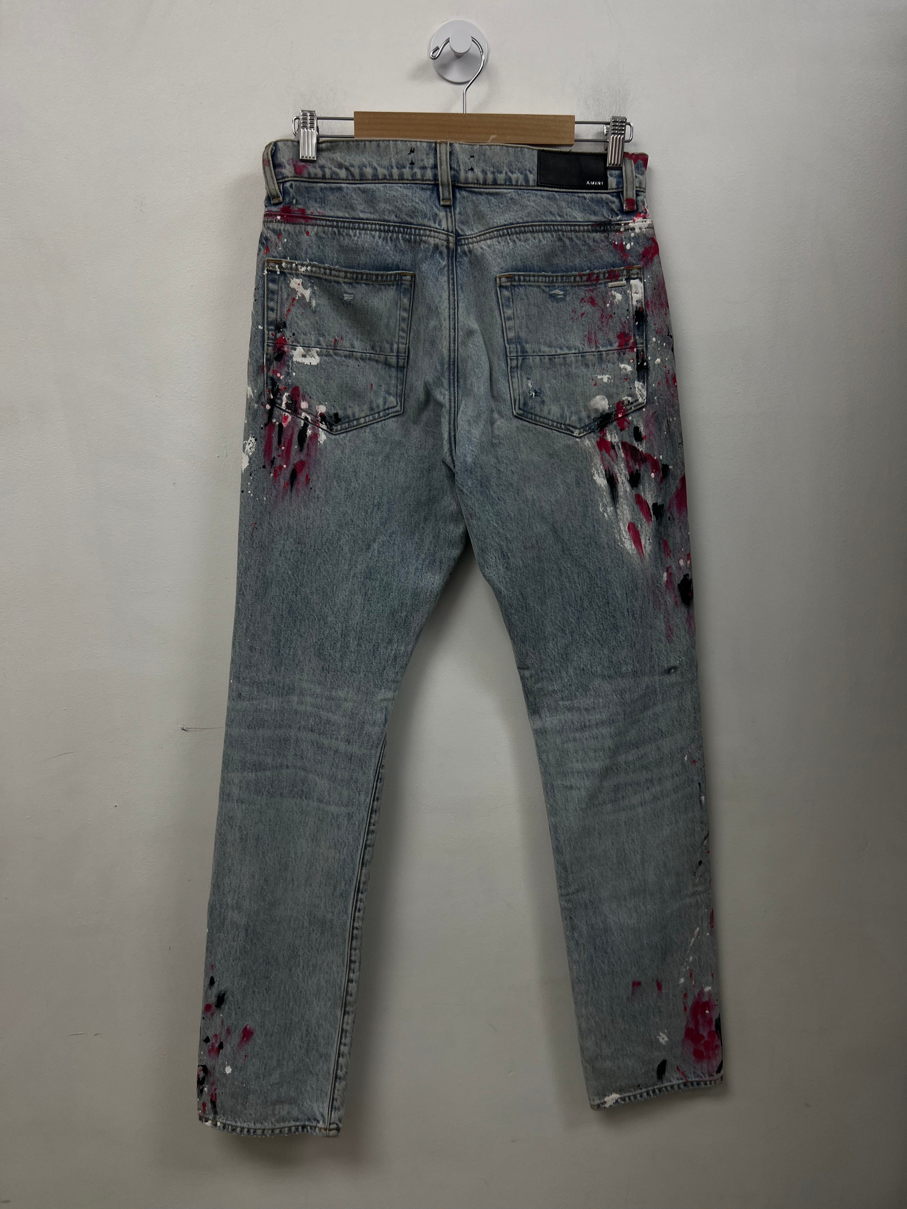 Amiri Light Wash White Red Black Splatter Straight Leg Jeans