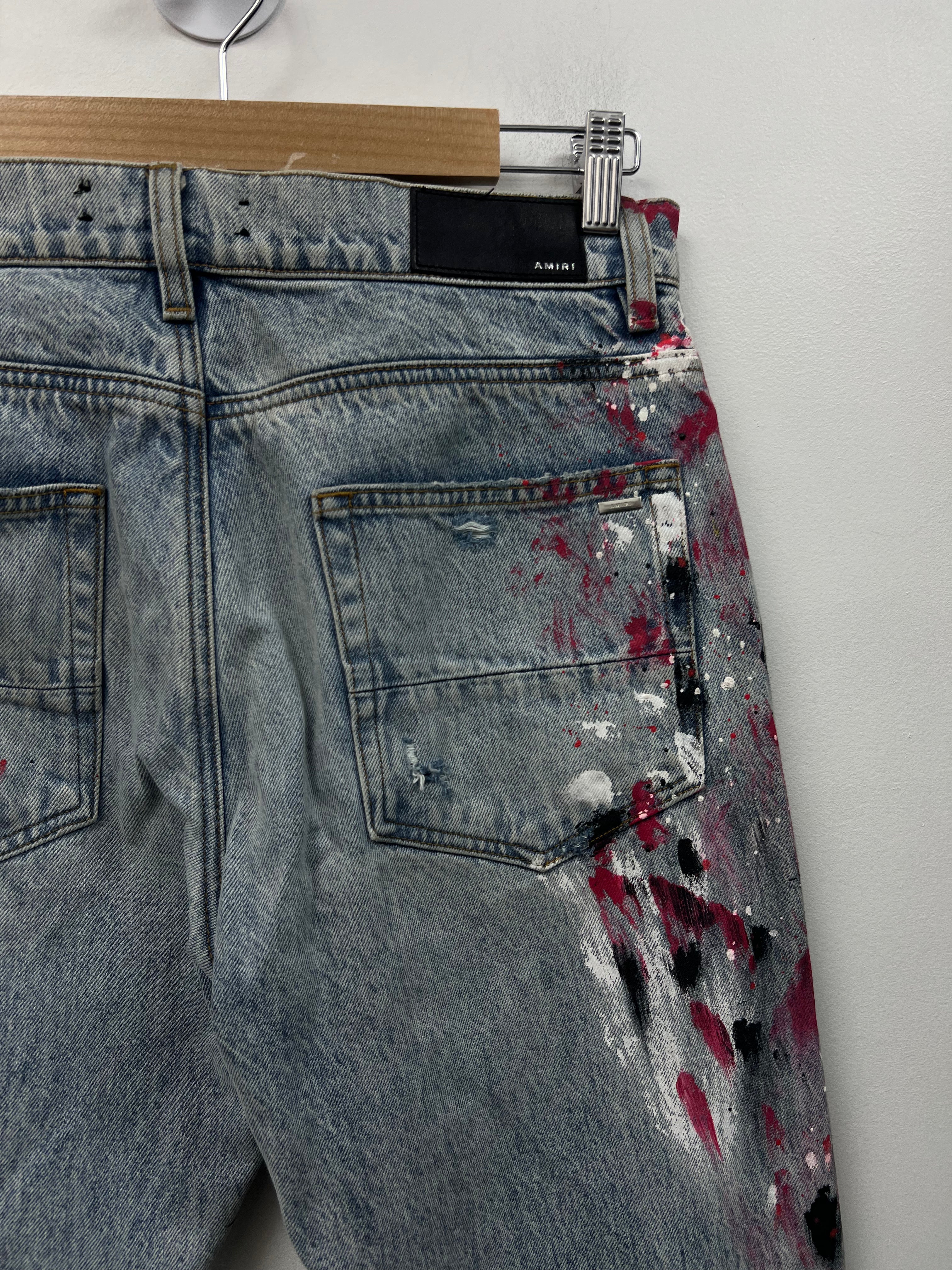 Amiri Light Wash White Red Black Splatter Straight Leg Jeans