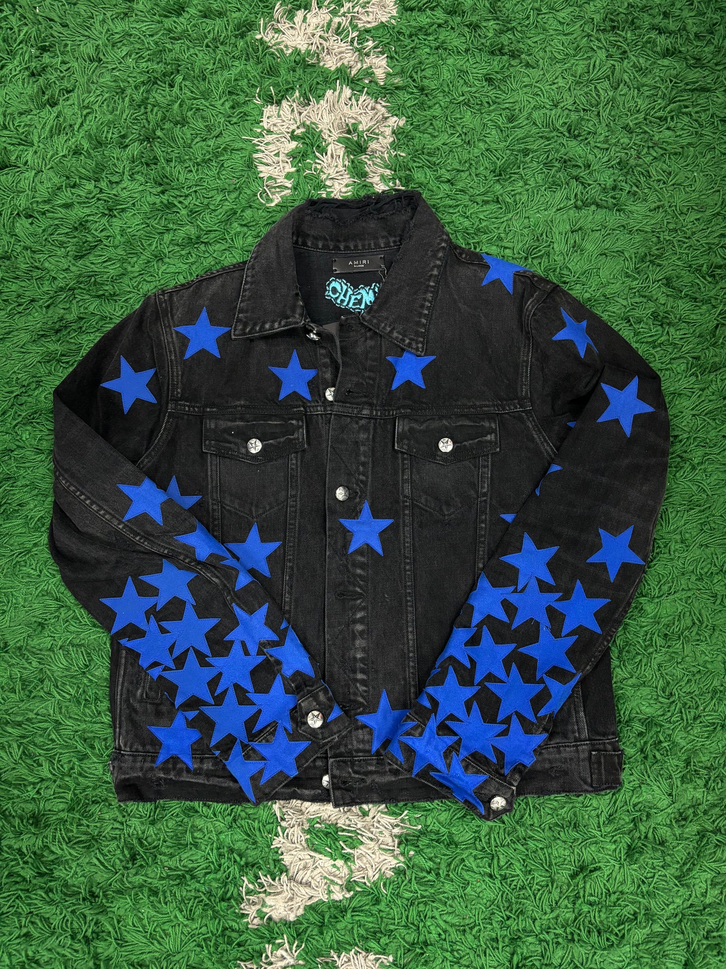 Amiri Chemist Denim Jacket Black Blue Stars Used XL