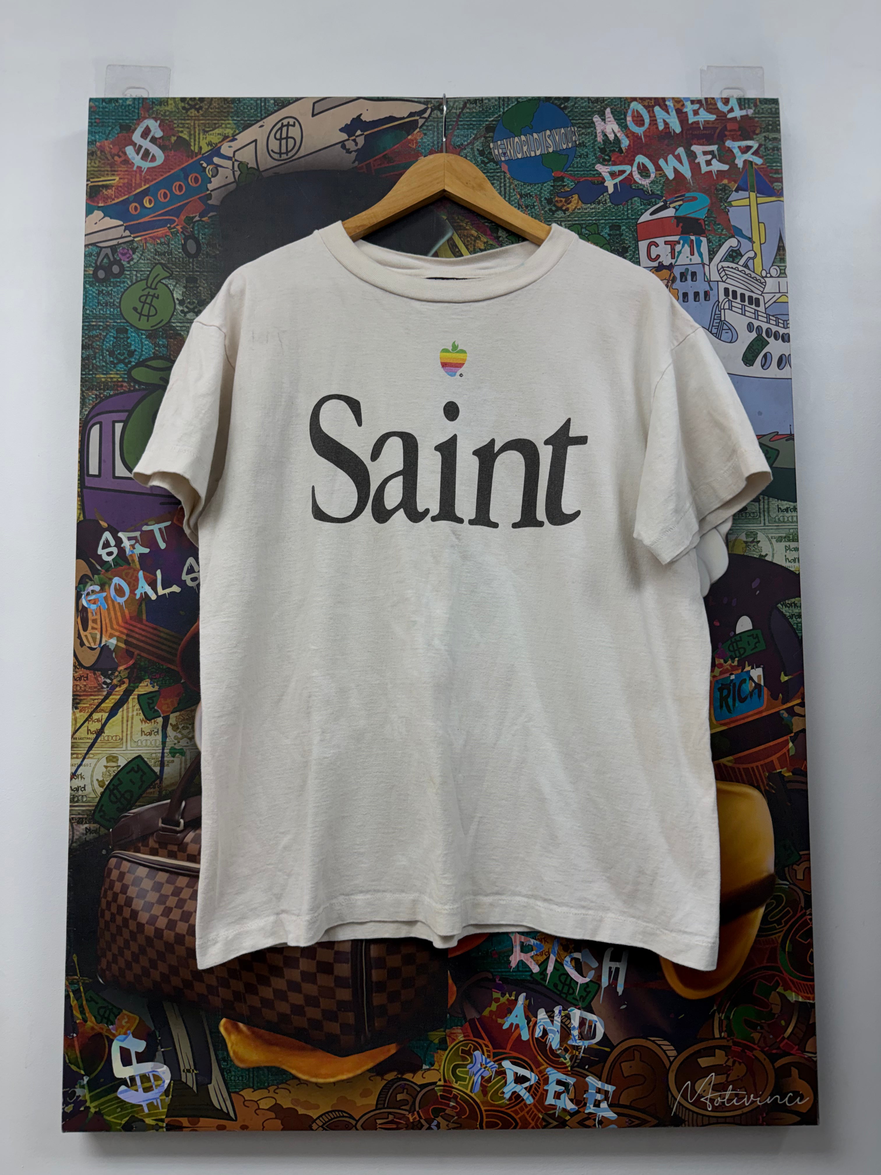 Saint Michael White Black Chest Logo Rainbow Apple Tee
