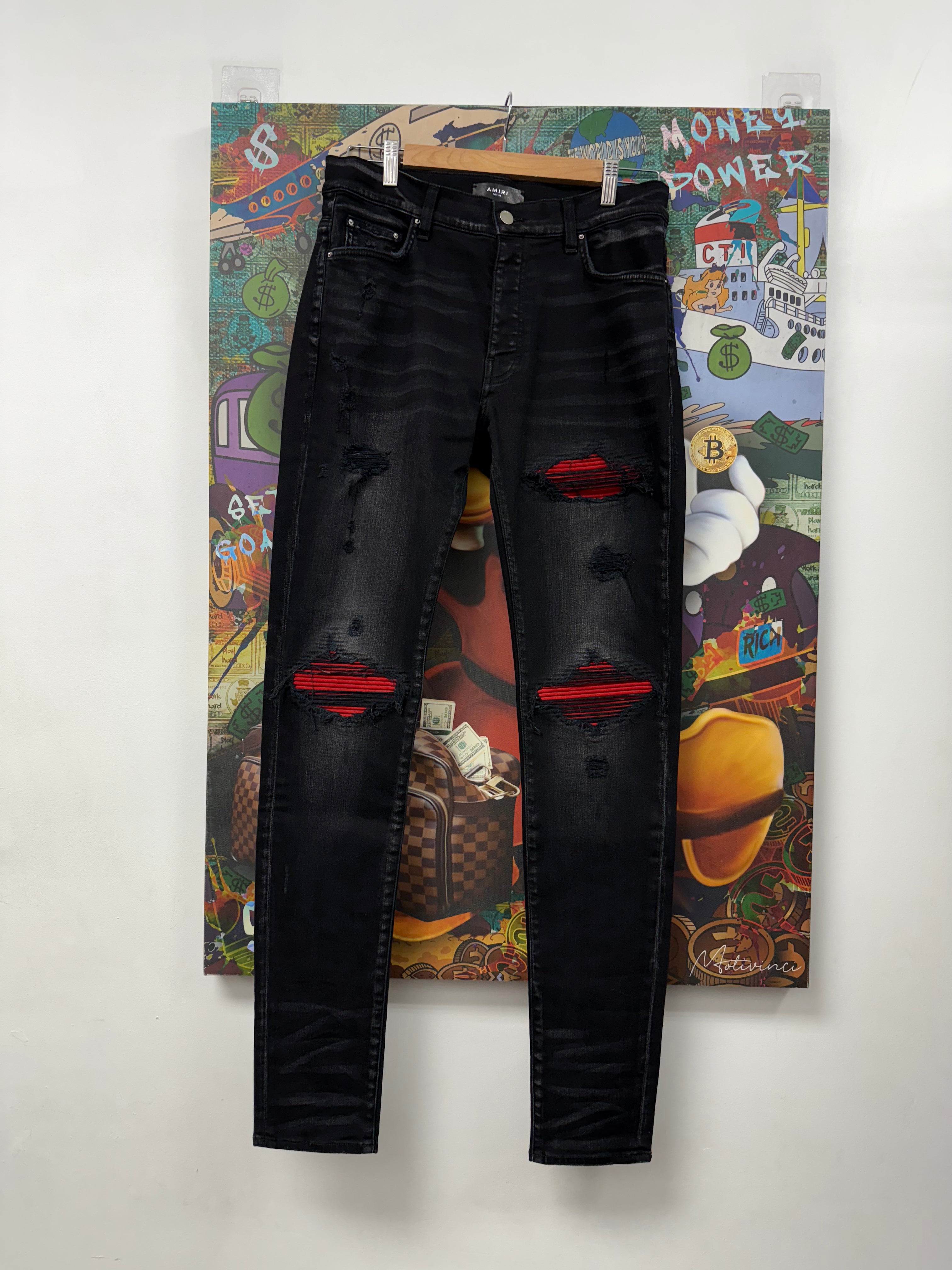 Amiri Black Wash Red Ultra Suede Patch Jeans