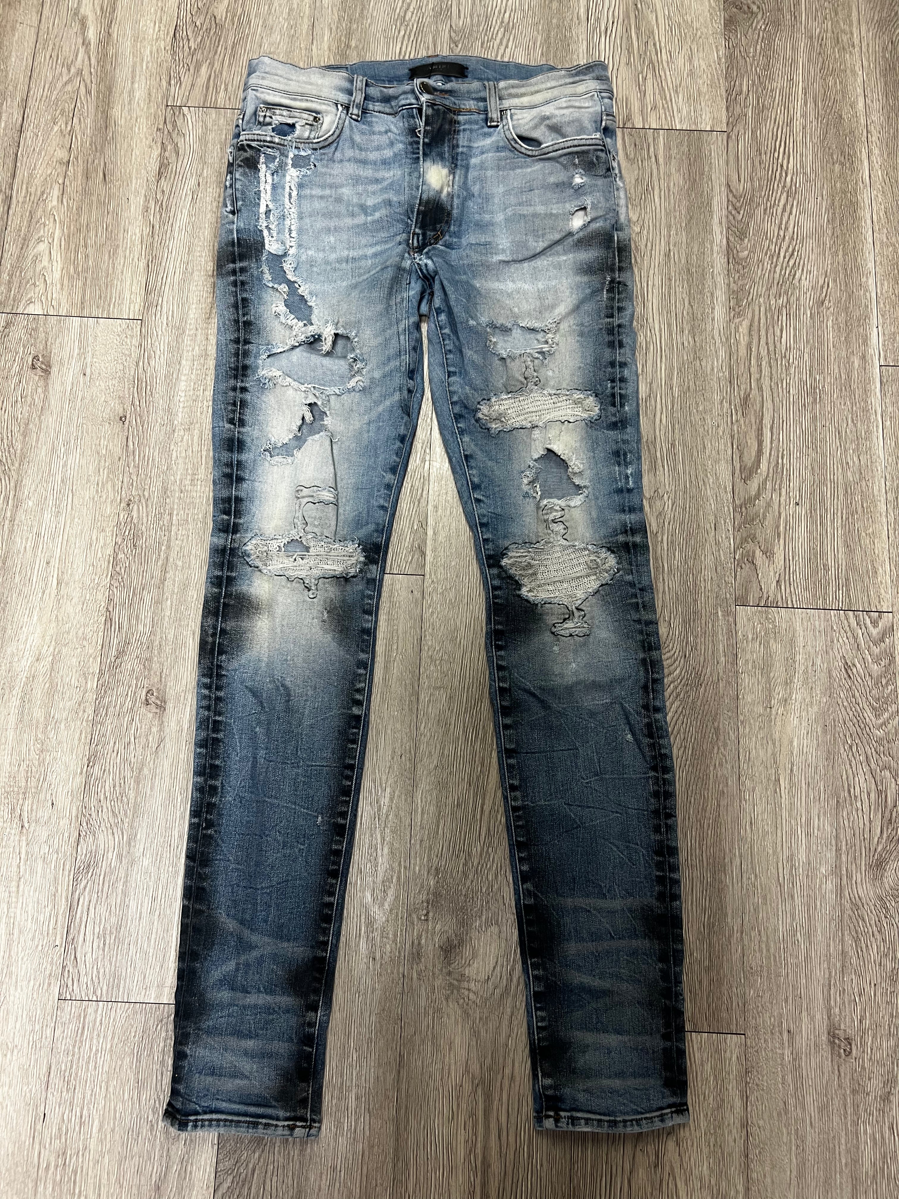 Amiri MX1 Light Wash Wool Patch Jeans