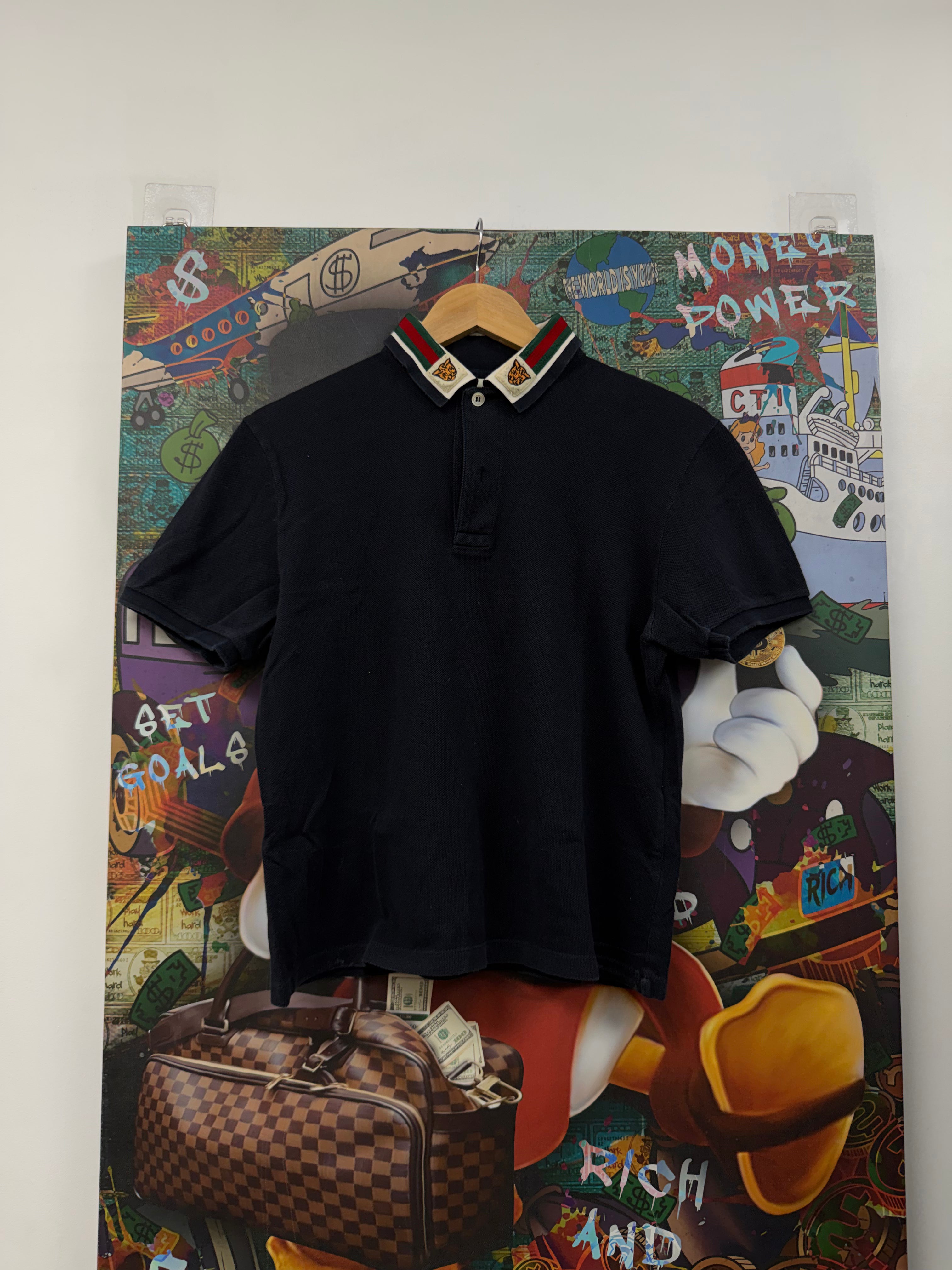 Gucci Navy Green Red Tiger Collar Logo Polo