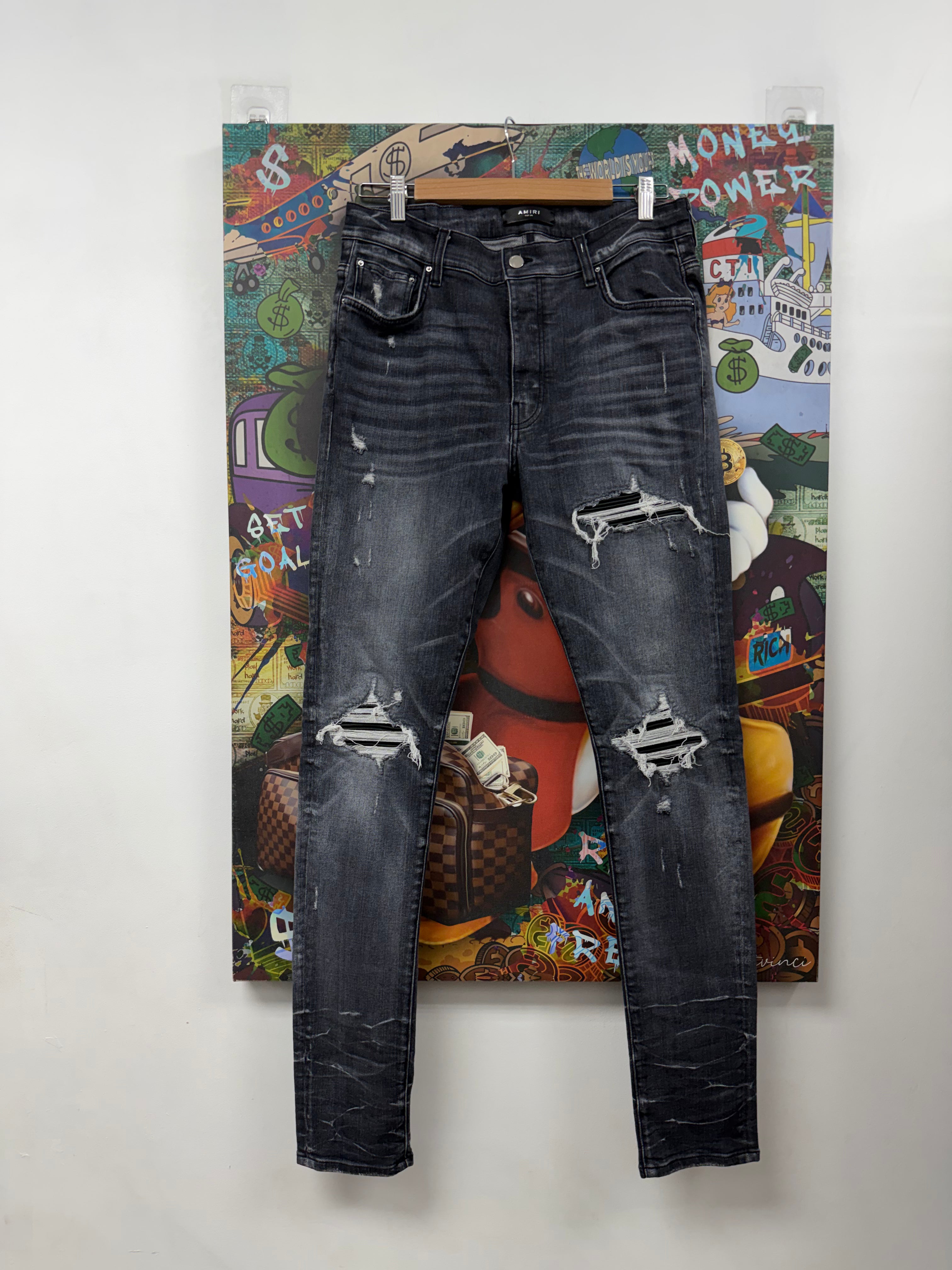 Amiri MX1 Grey Black Leather Patch Jeans