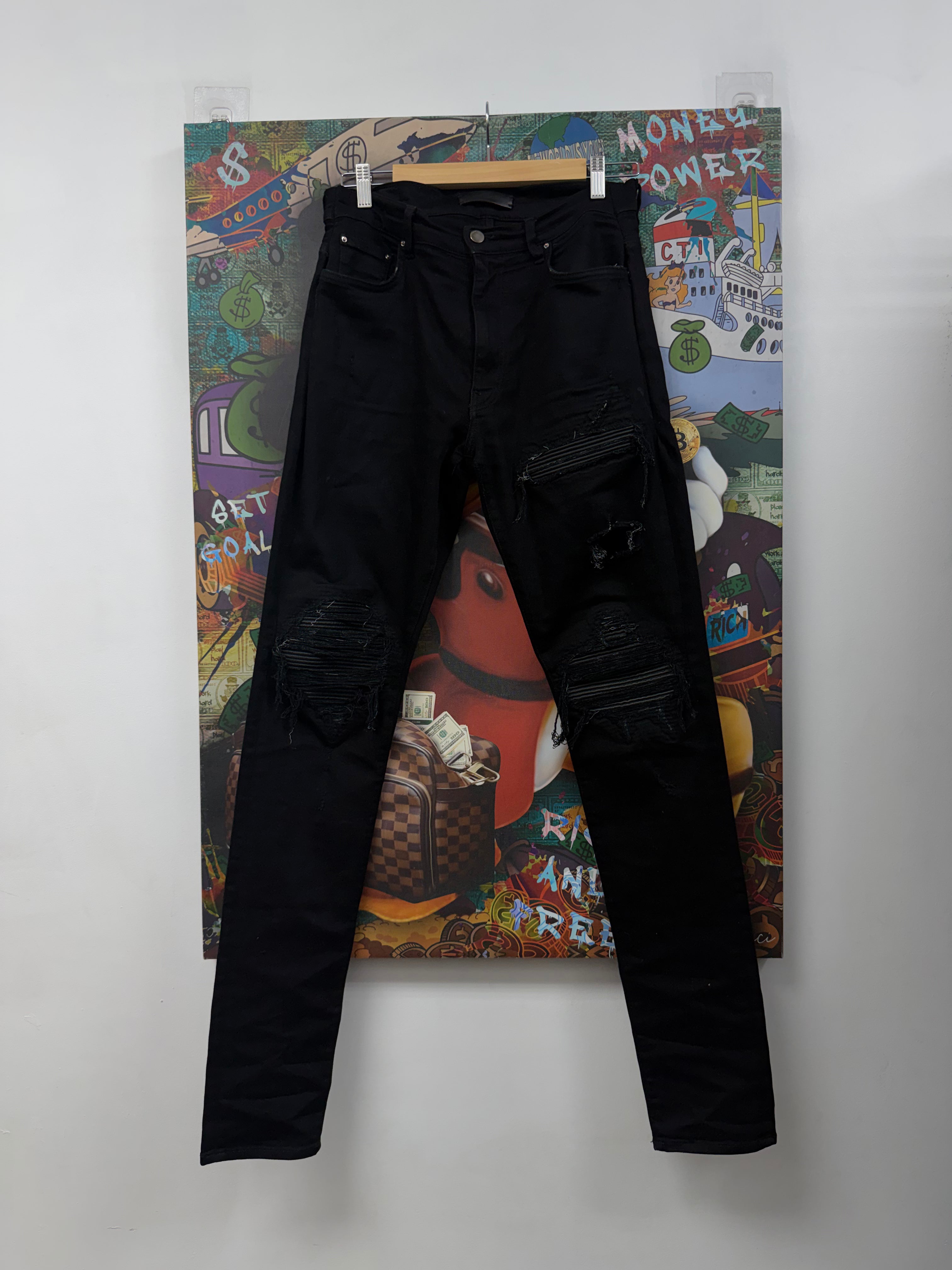 Amiri MX1 Black Black Leather Patch Jeans