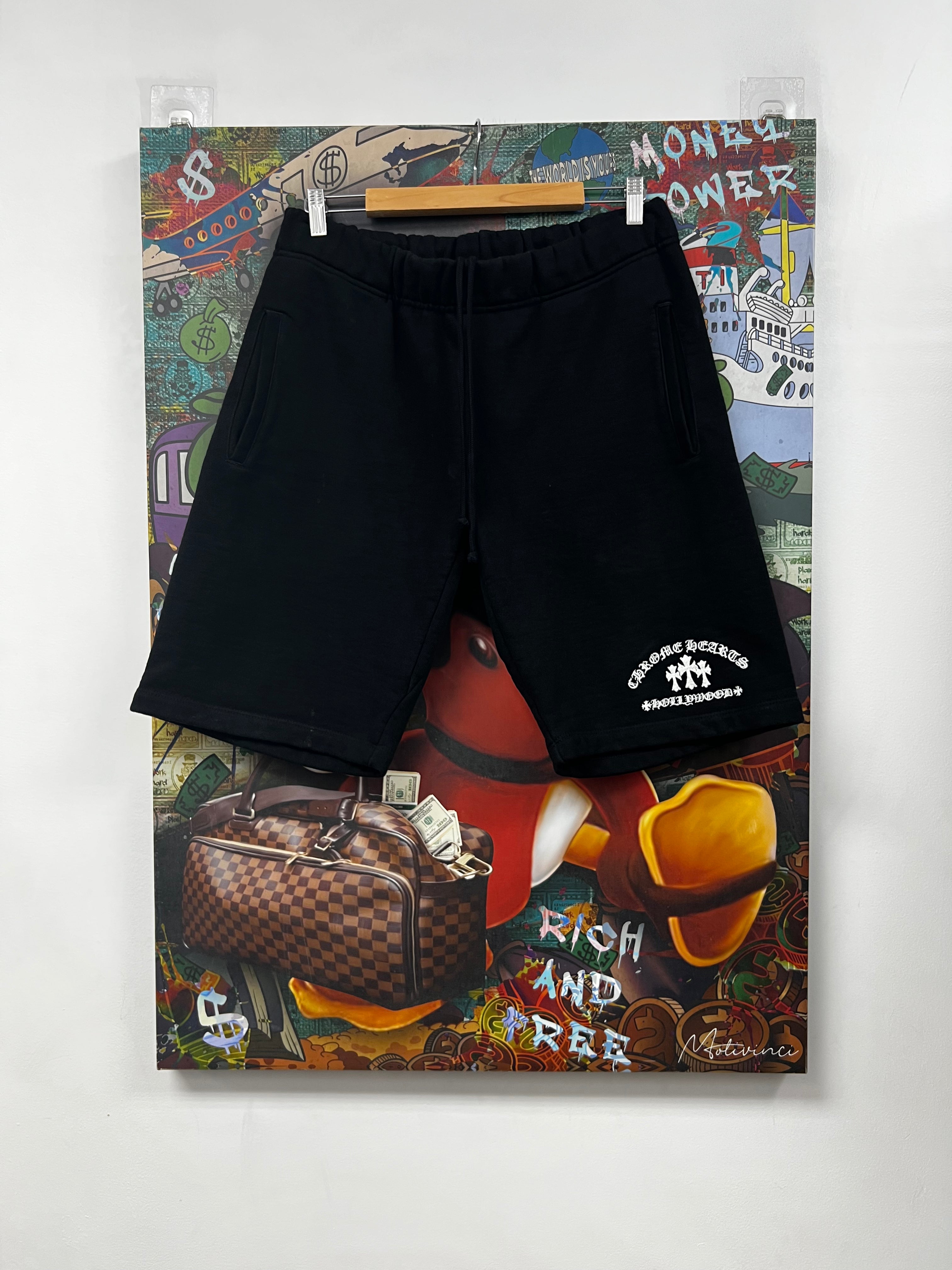Chrome Hearts Black White Triple Cross Embroidery Logo Shorts