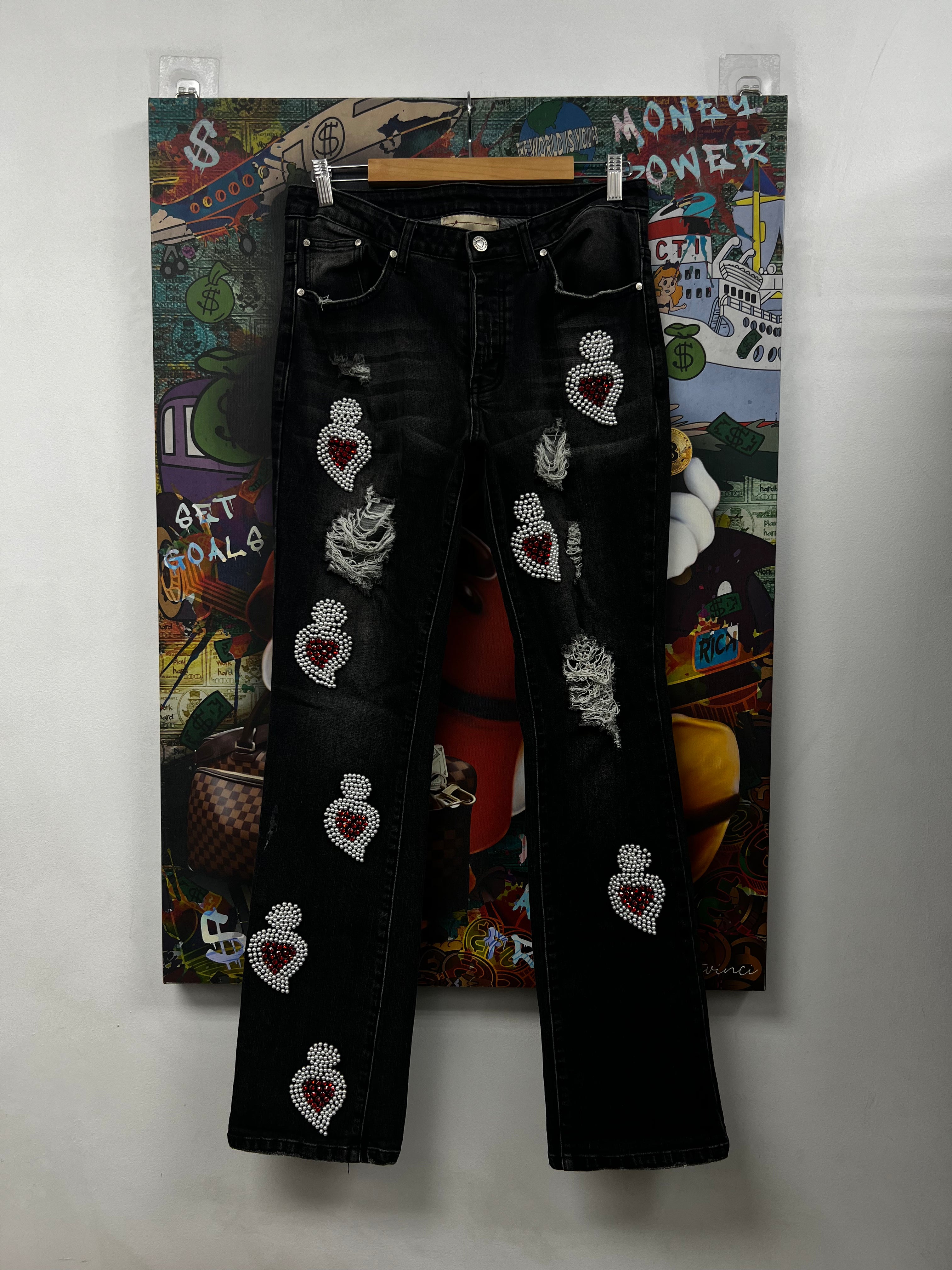 When Smoke Clears Grey Red White Heart Rhinestone Jeans