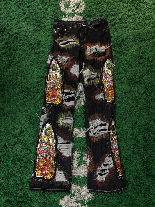 WDW Jeans Black Stained Glass Flames Lightly Worn