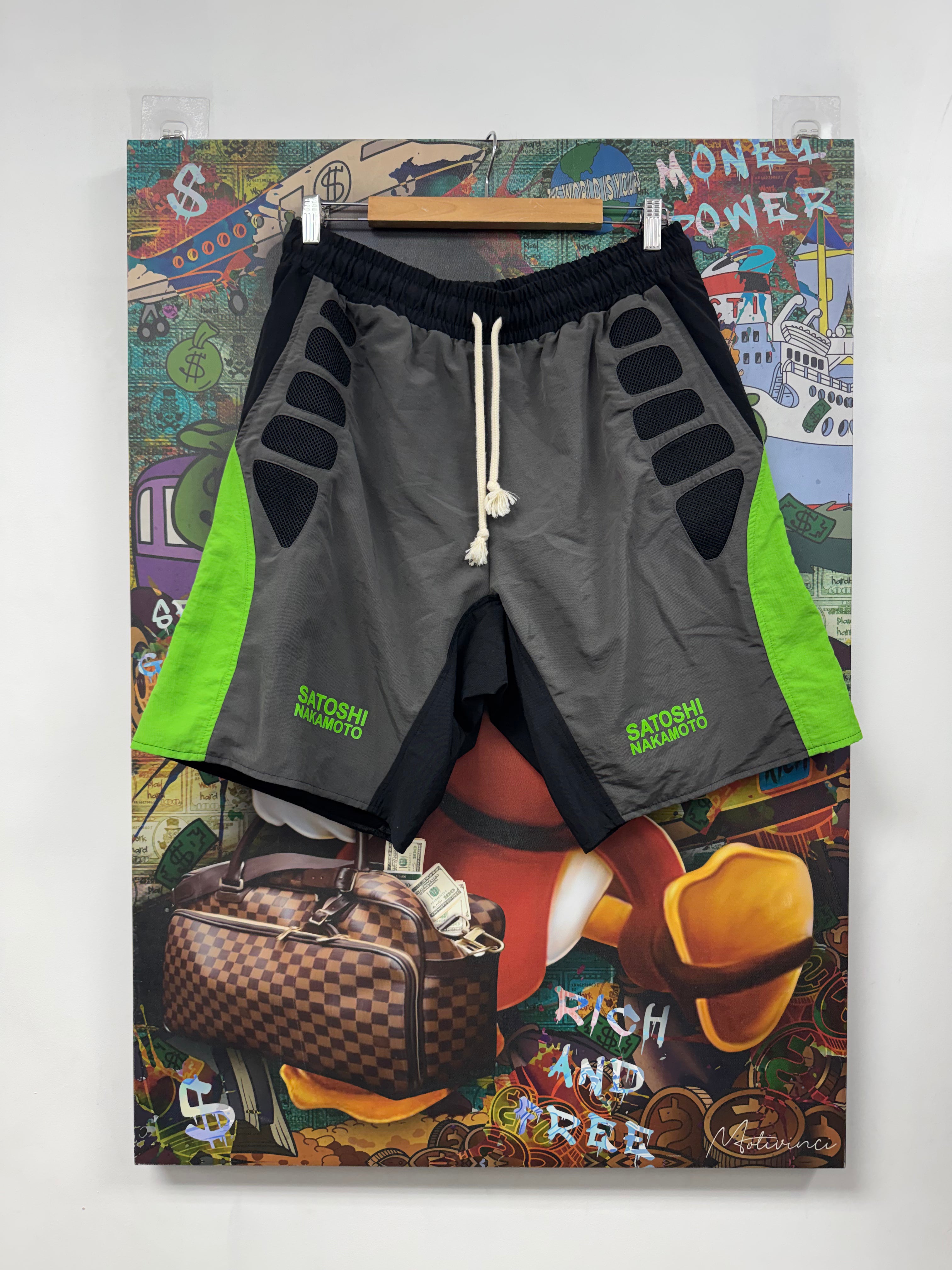 Satoshi Nakamoto Black Green Nylon Padded Shorts