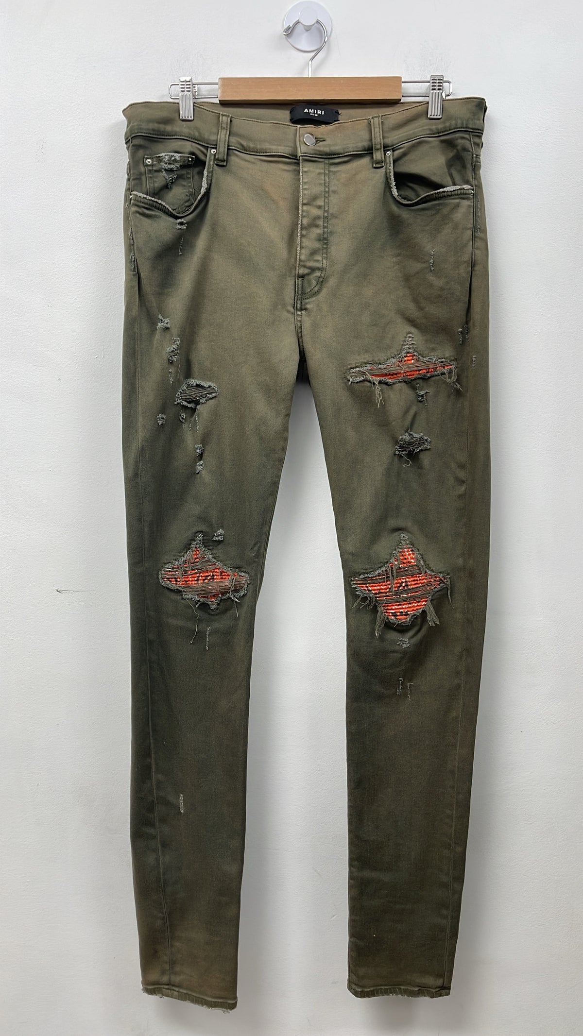 Amiri MX1 Olive Orange Paisley Patch Jeans