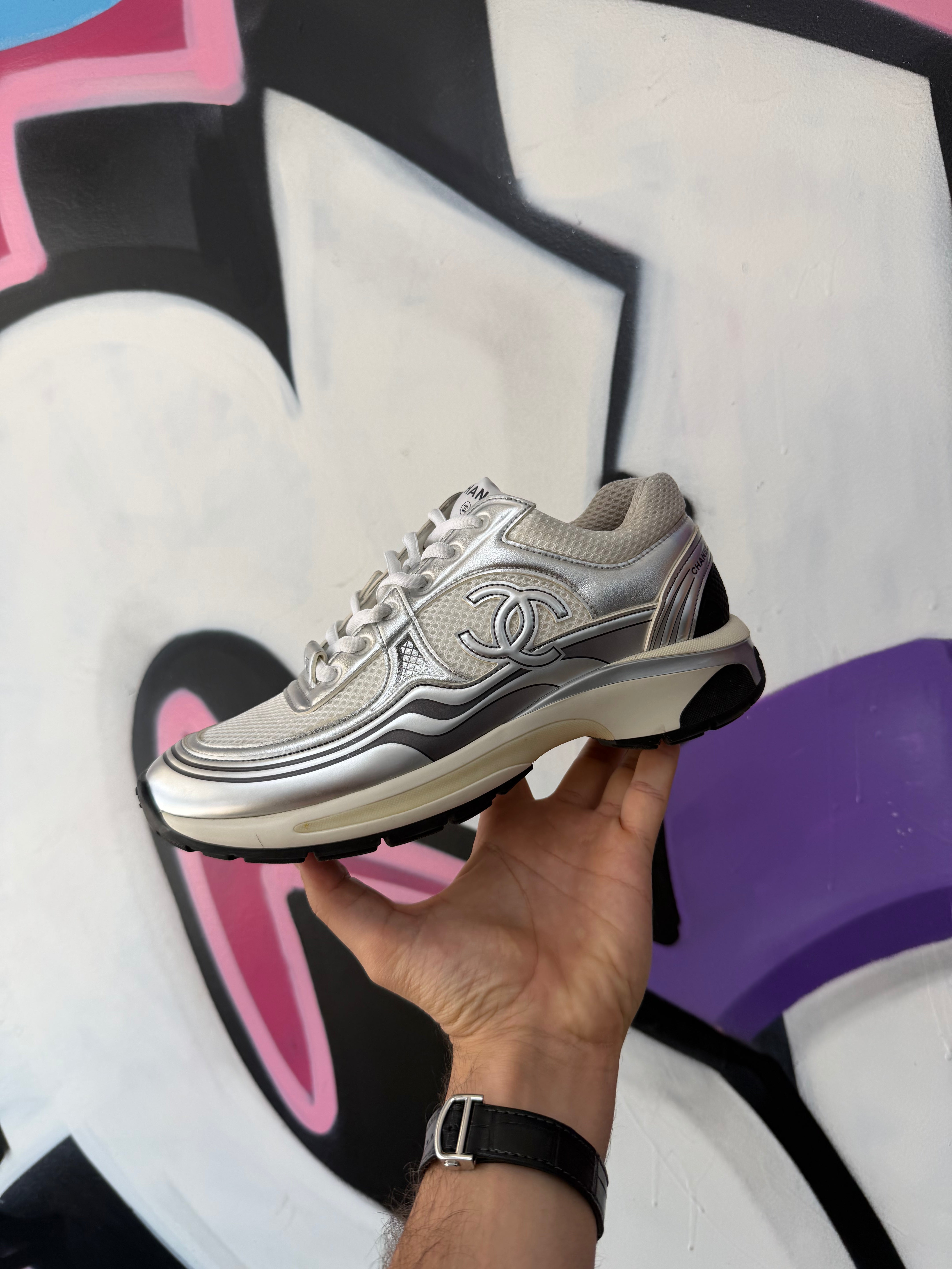 Chanel White Silver Metallic CC Runner Sneakers