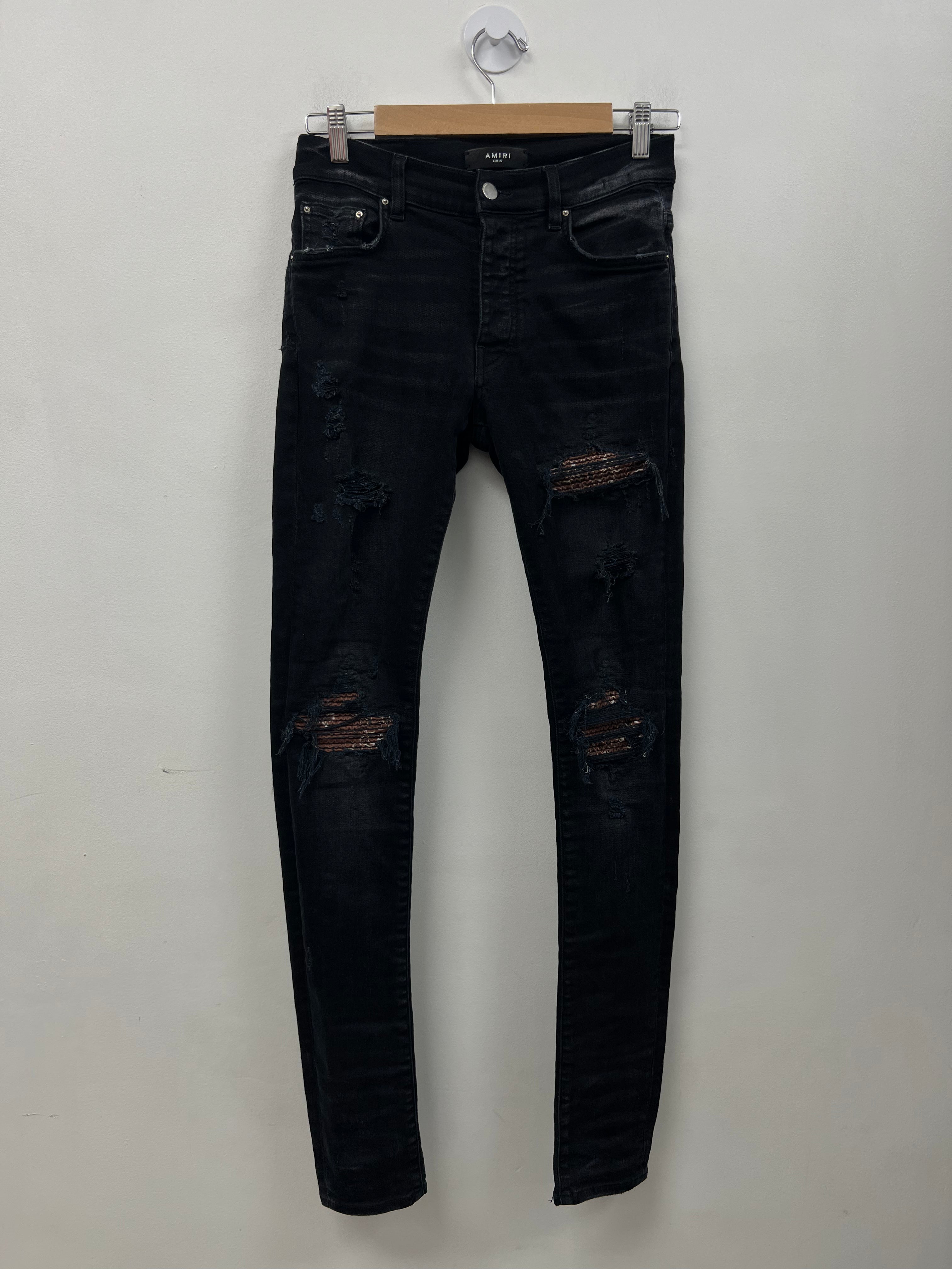 Amiri MX1 Black Wash Brown Paisley Patch Jeans