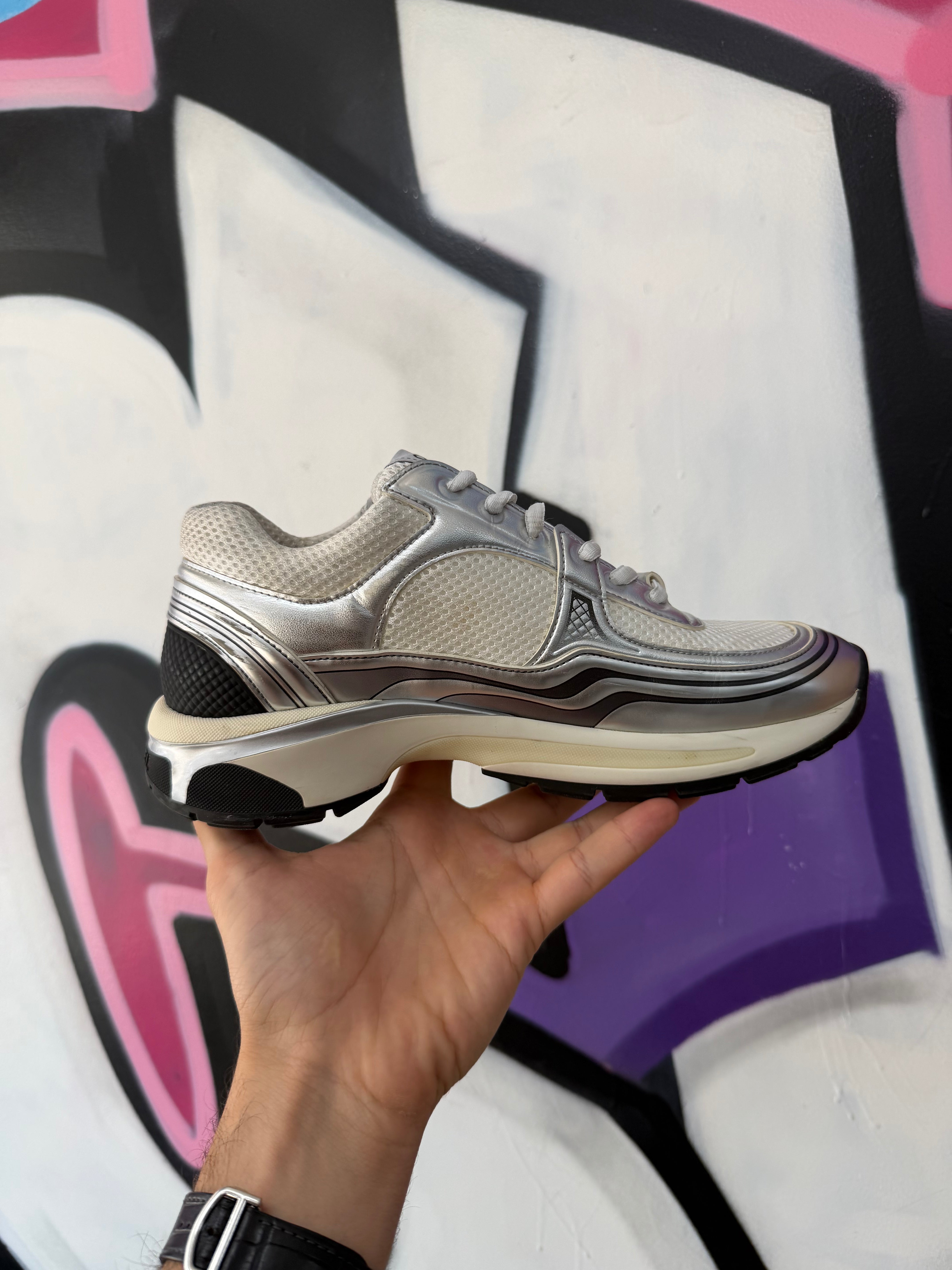 Chanel White Silver Metallic CC Runner Sneakers