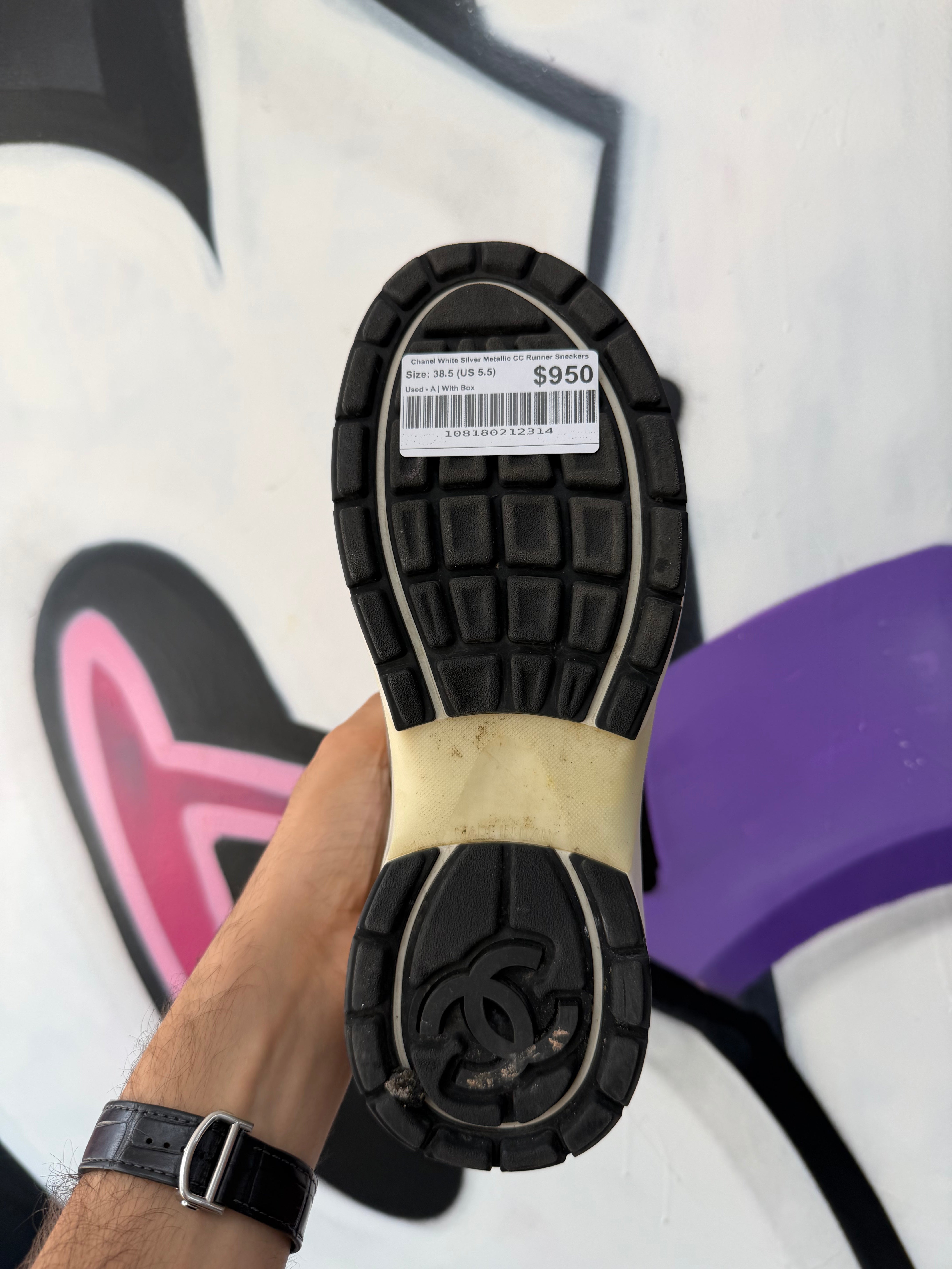 Chanel White Silver Metallic CC Runner Sneakers