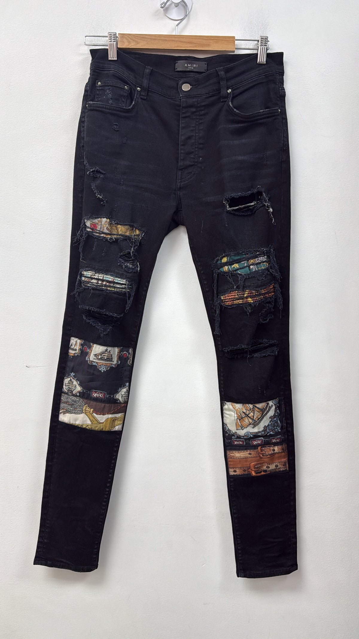 Amiri Black Teal Chain Art Patchwork Jeans