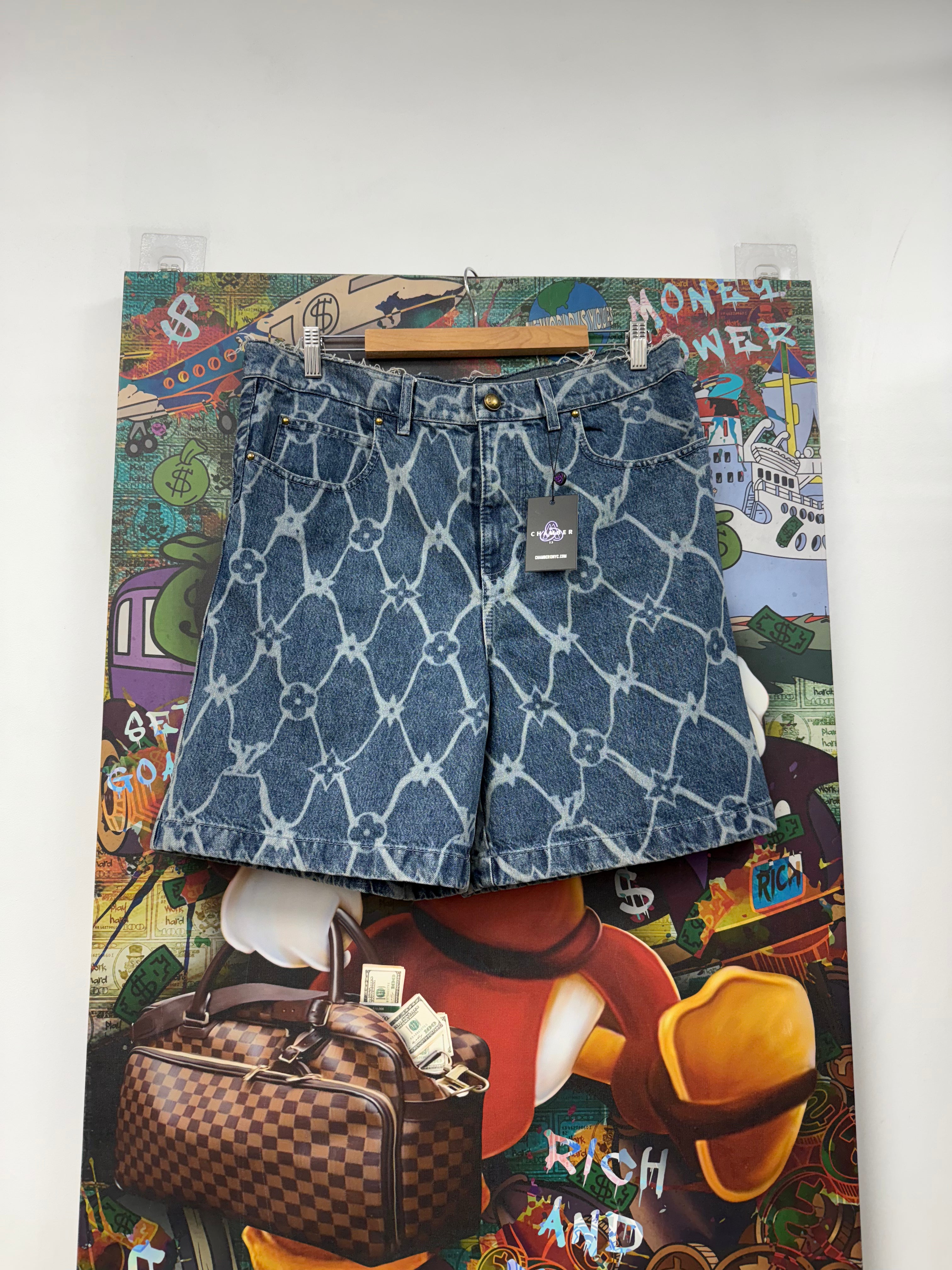 Louis Vuitton Light Wash Fishnet Jean Shorts