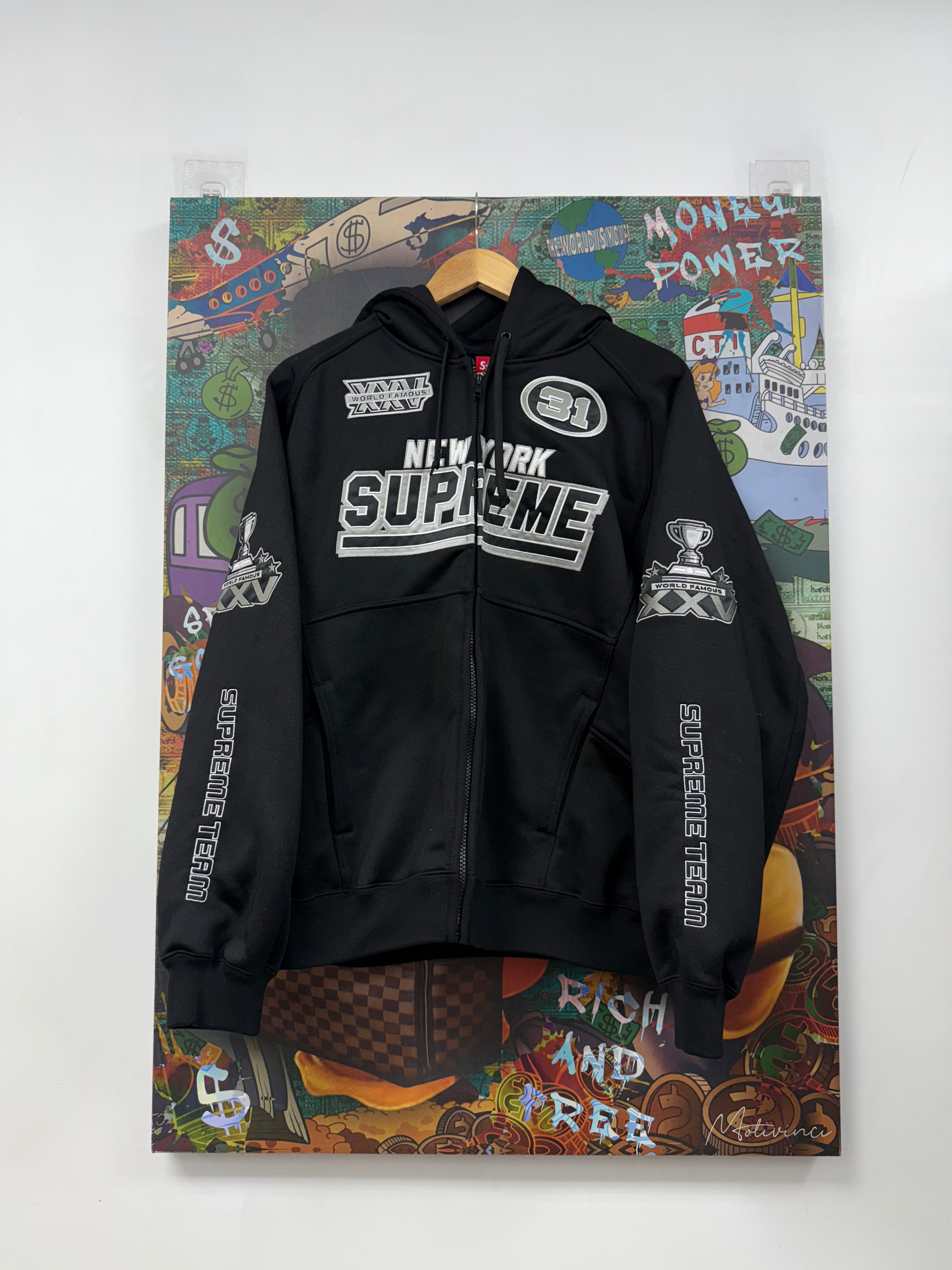 Supreme Black Silver World Famous Zip Up Hoodie