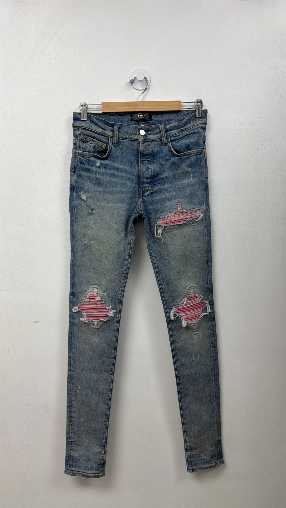 Amiri MX1 Light Wash Pink Suede Patch Jeans