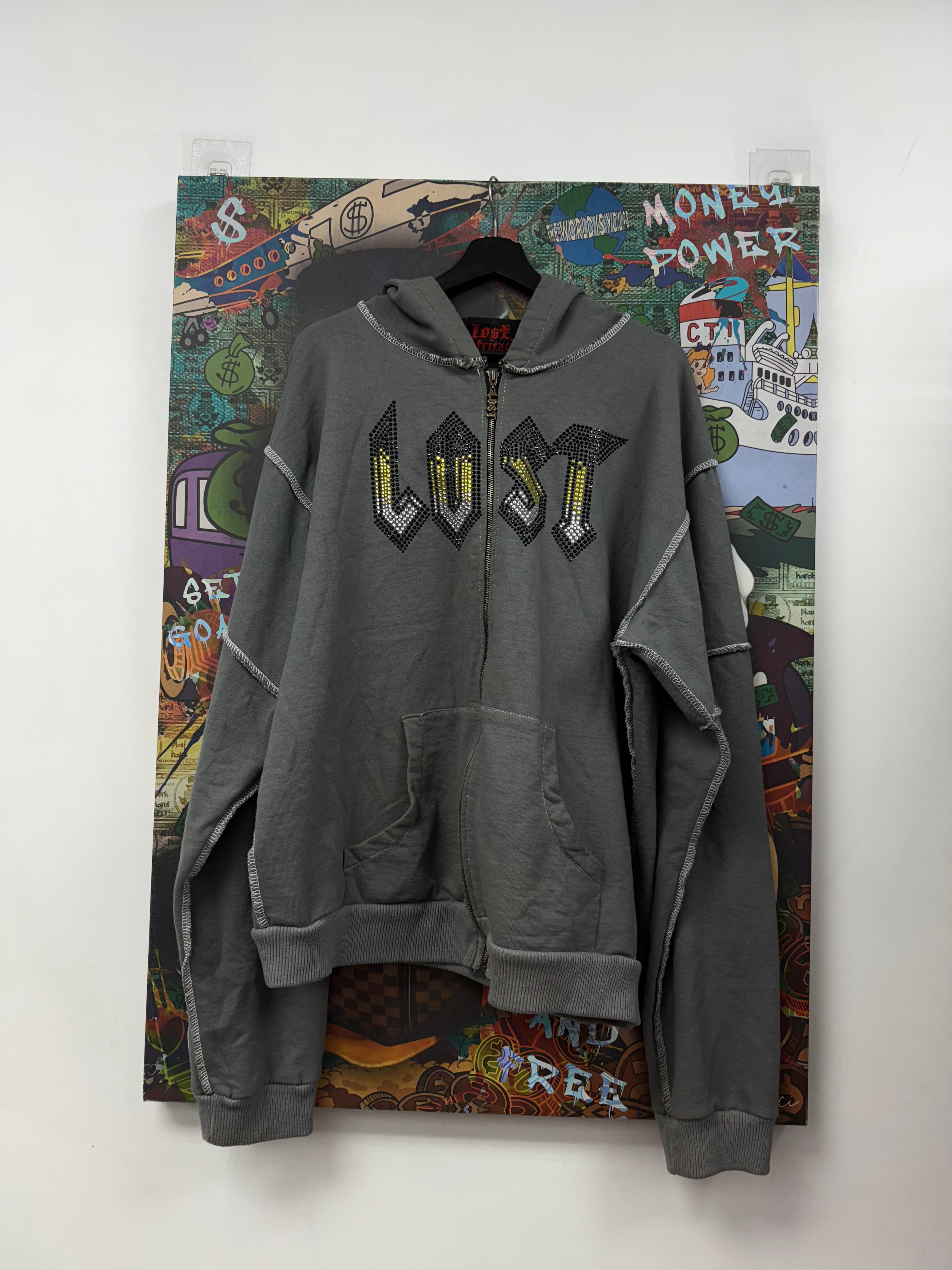 Lost Intricacy Grey Yellow Rhinestone Zip Up Hoodie