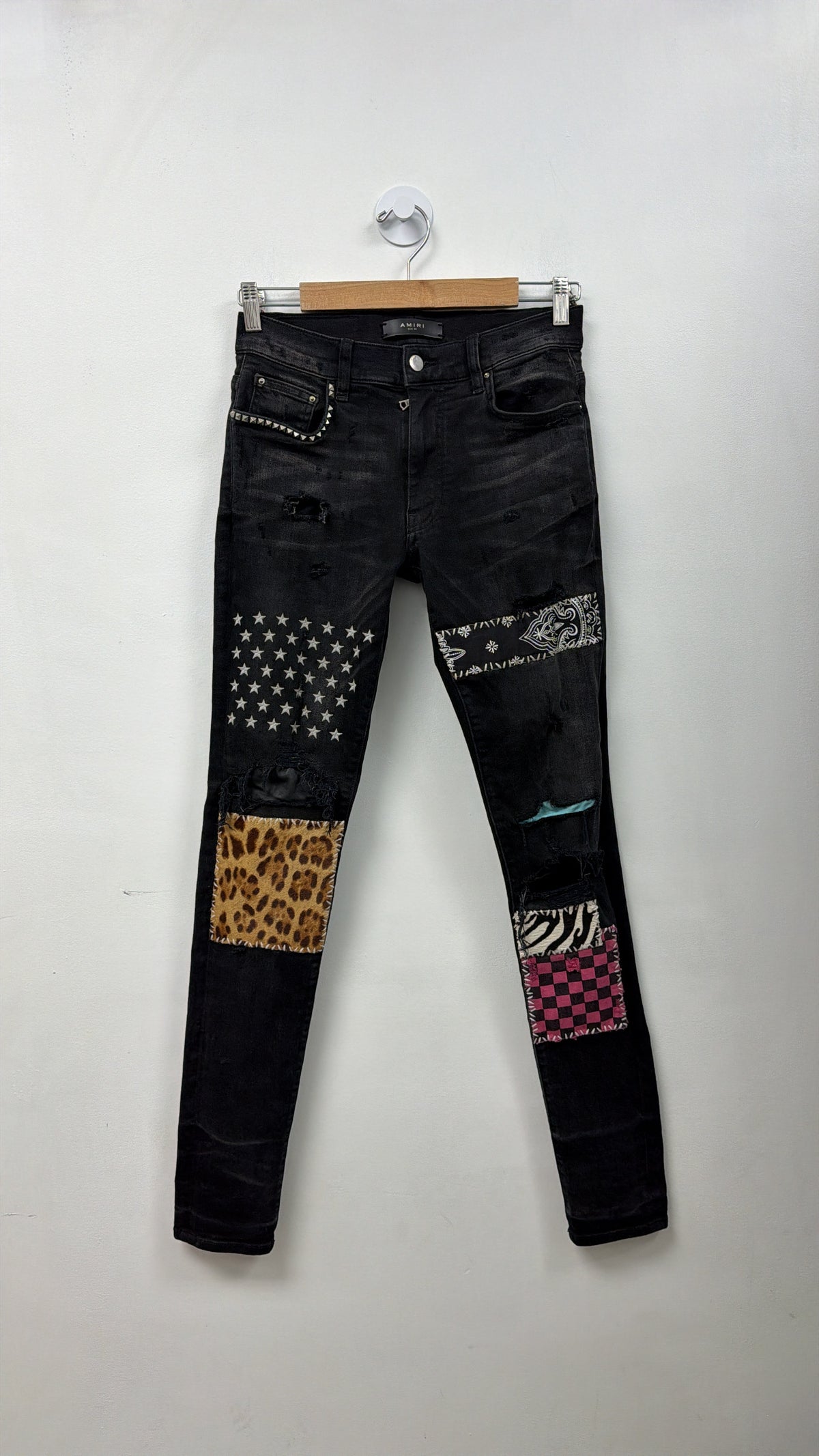 Amiri Black Wash Studded Art Patchwork Jeans