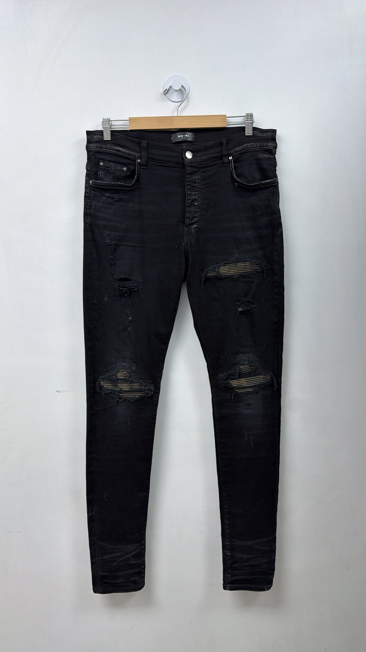 Amiri MX1 Black Wash Leathe Camo Patch Jeans