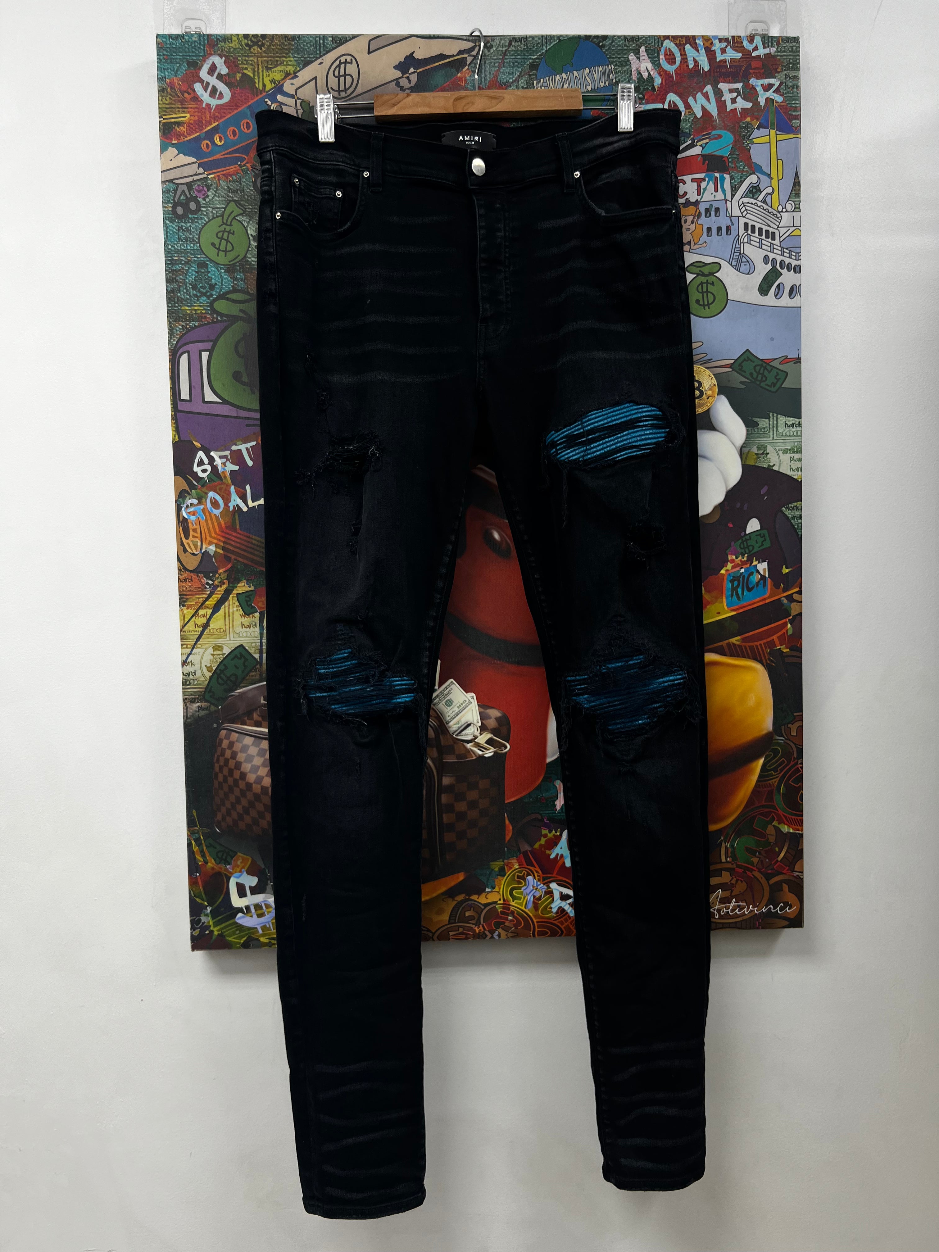Amiri MX1 Black Wash Blue Crackle Patch Jeans
