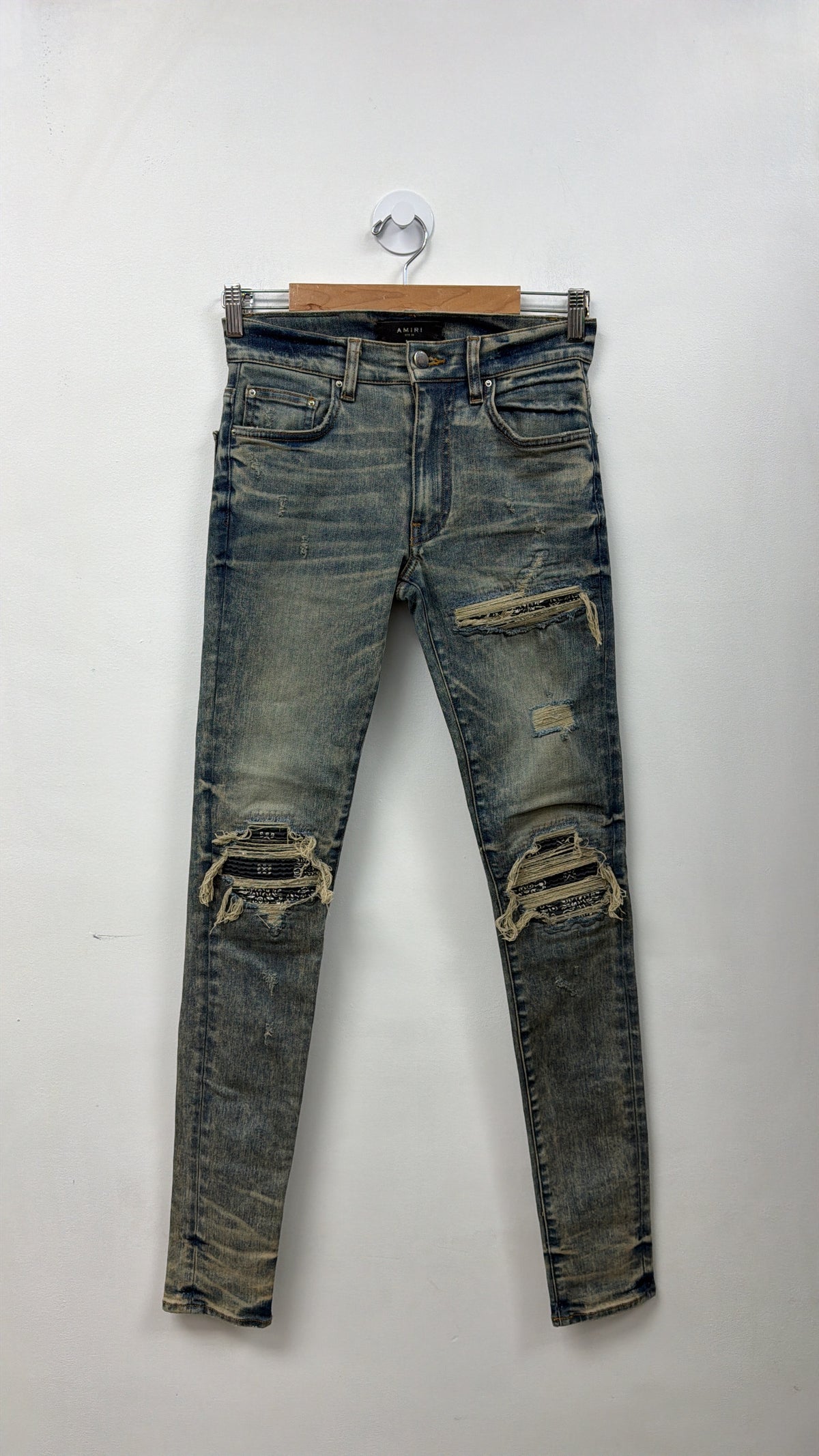 Amiri MX1 Vintage Wash Dark Navy Bandana Patch Jeans