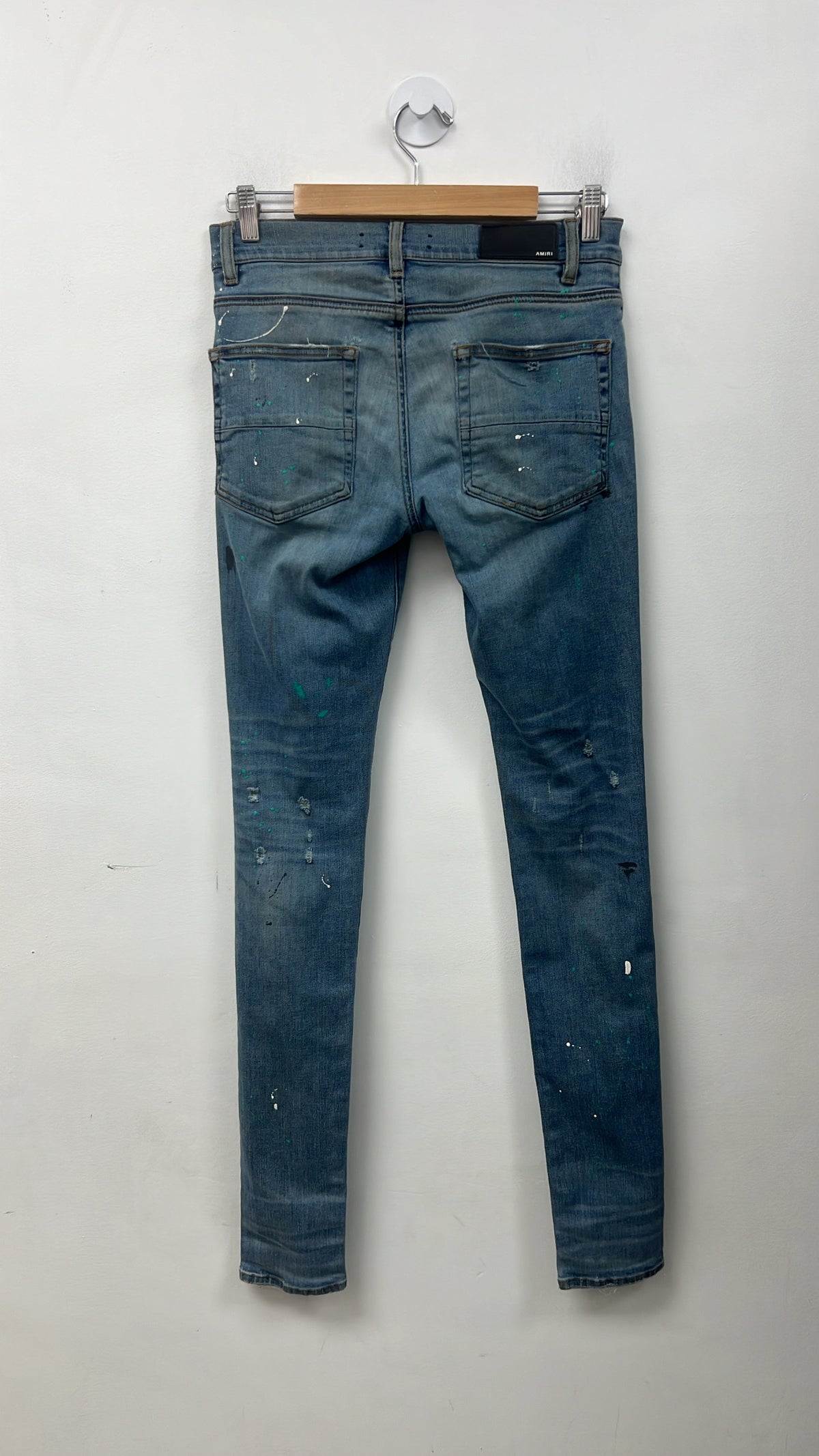 Amiri Light Wash Teal Splatter (Repaired Crotch) Jeans