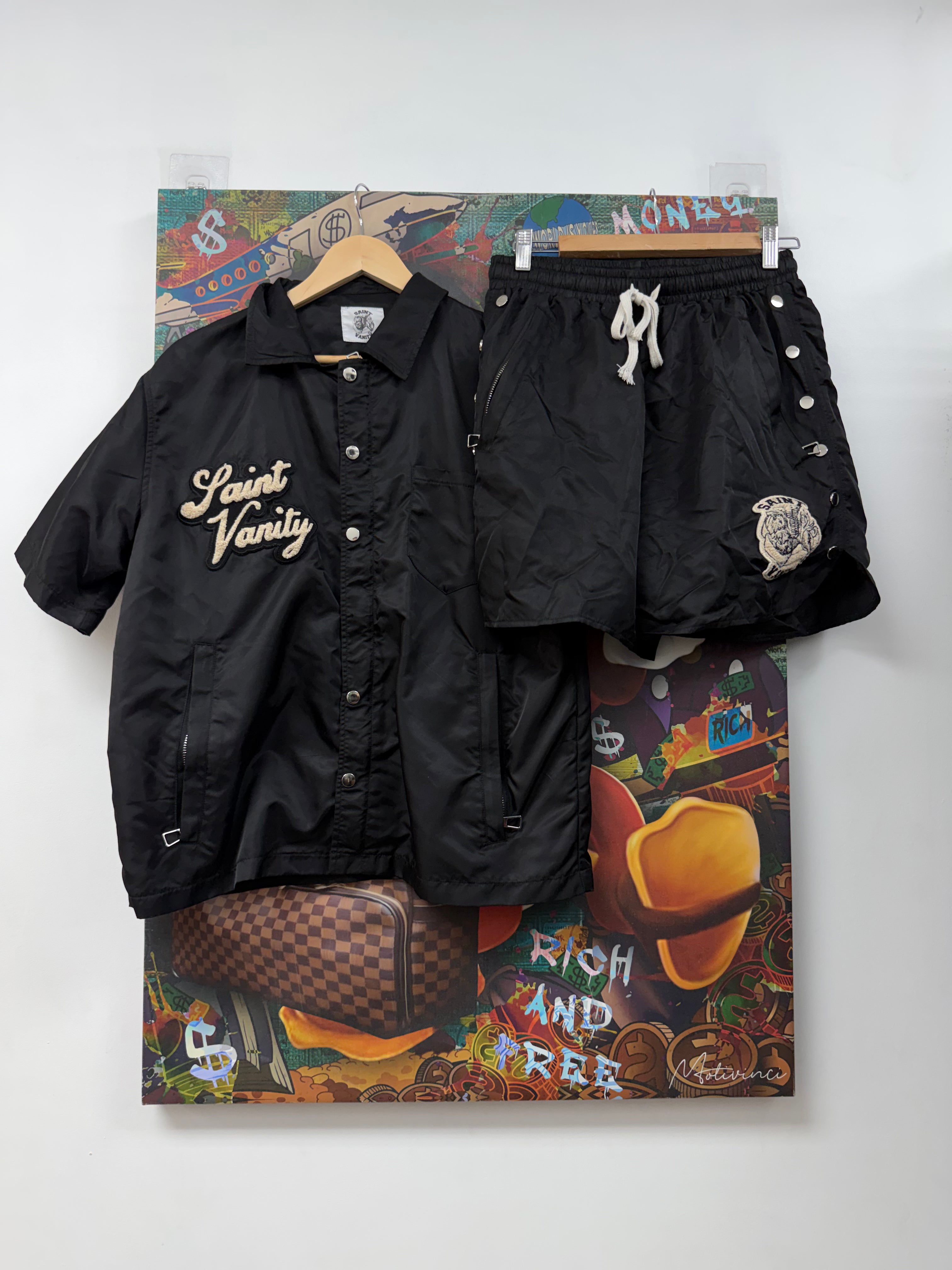 Saint Vanity Black Nylon Button Up Shorts Set