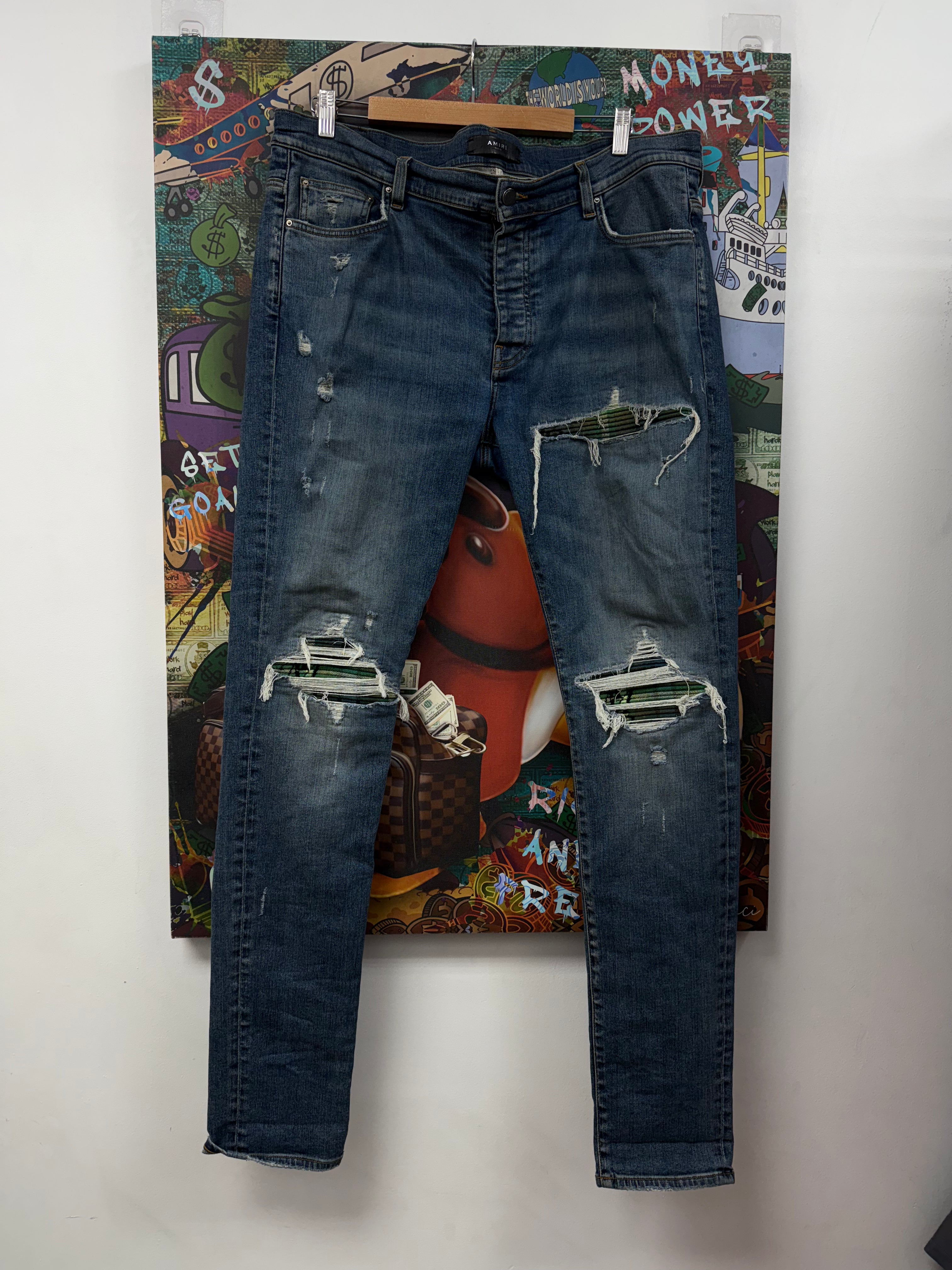 Amiri MX1 Deep Classic Green Plaid Patch Jeans