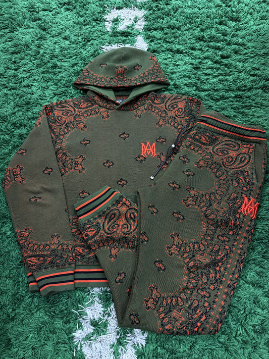 Amiri MA Knit Paisley Sweatsuit Olive Orange Used Large Top Medium Bottom N/A