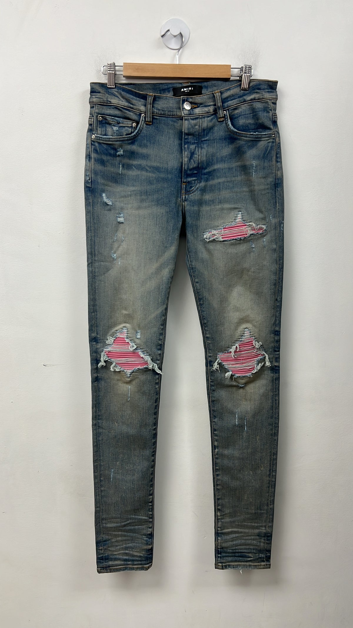 Amiri MX1 Light Wash Pink Patch Jeans