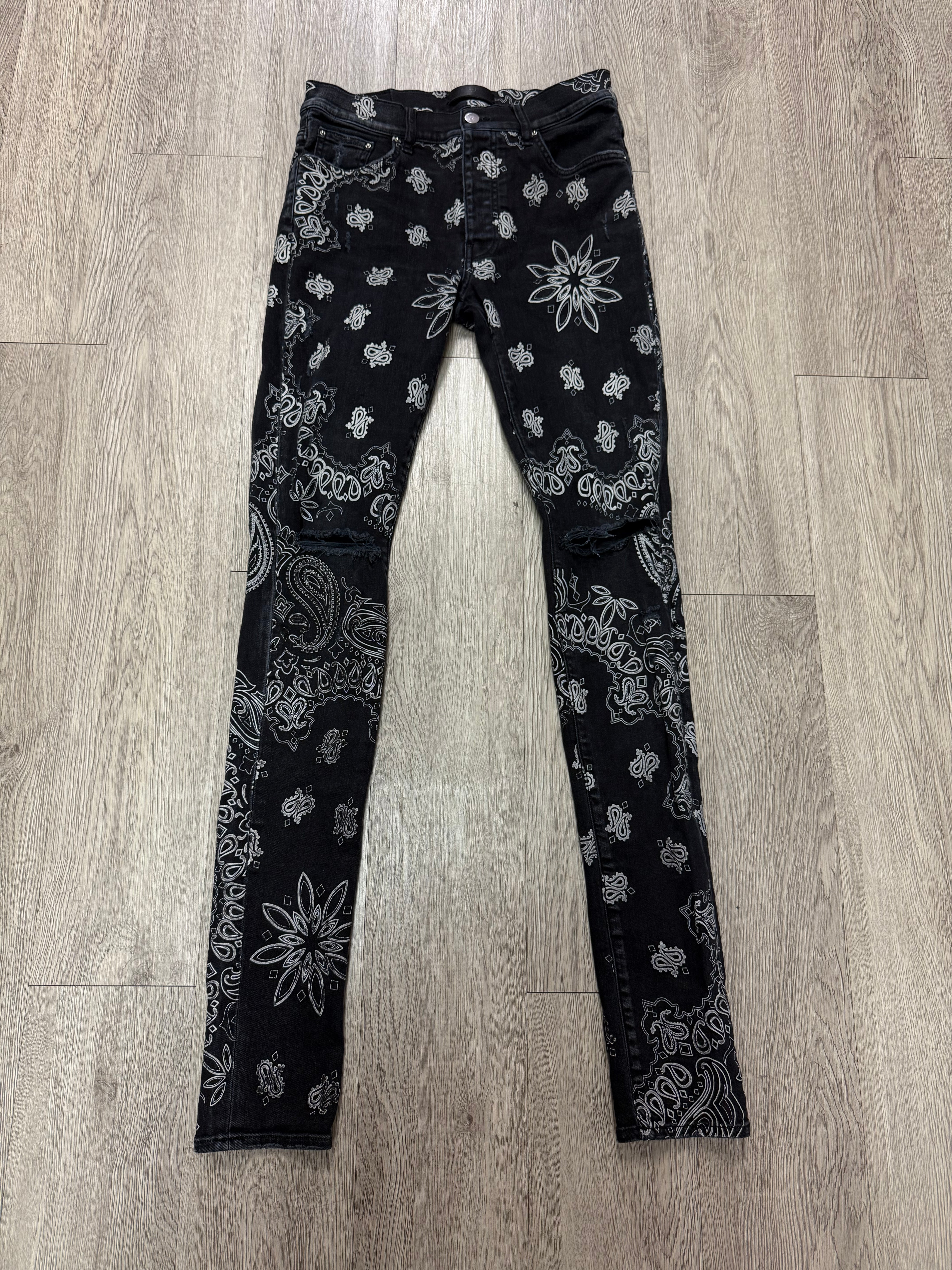 Amiri Black Wash Flocked Paisley Monogram (Repaired) Jeans
