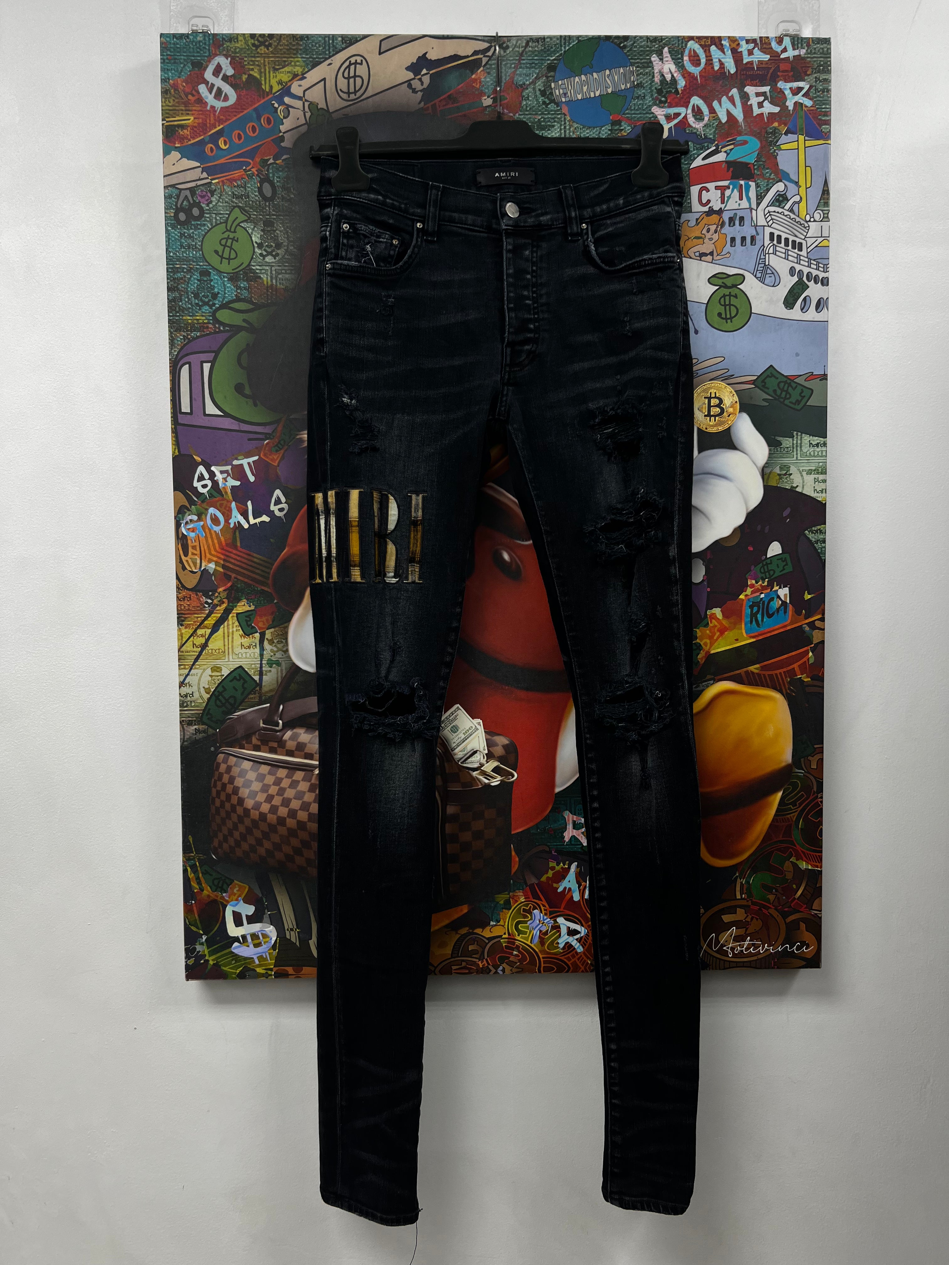Amiri Black Wash Brown Plaid Side Logo Jeans
