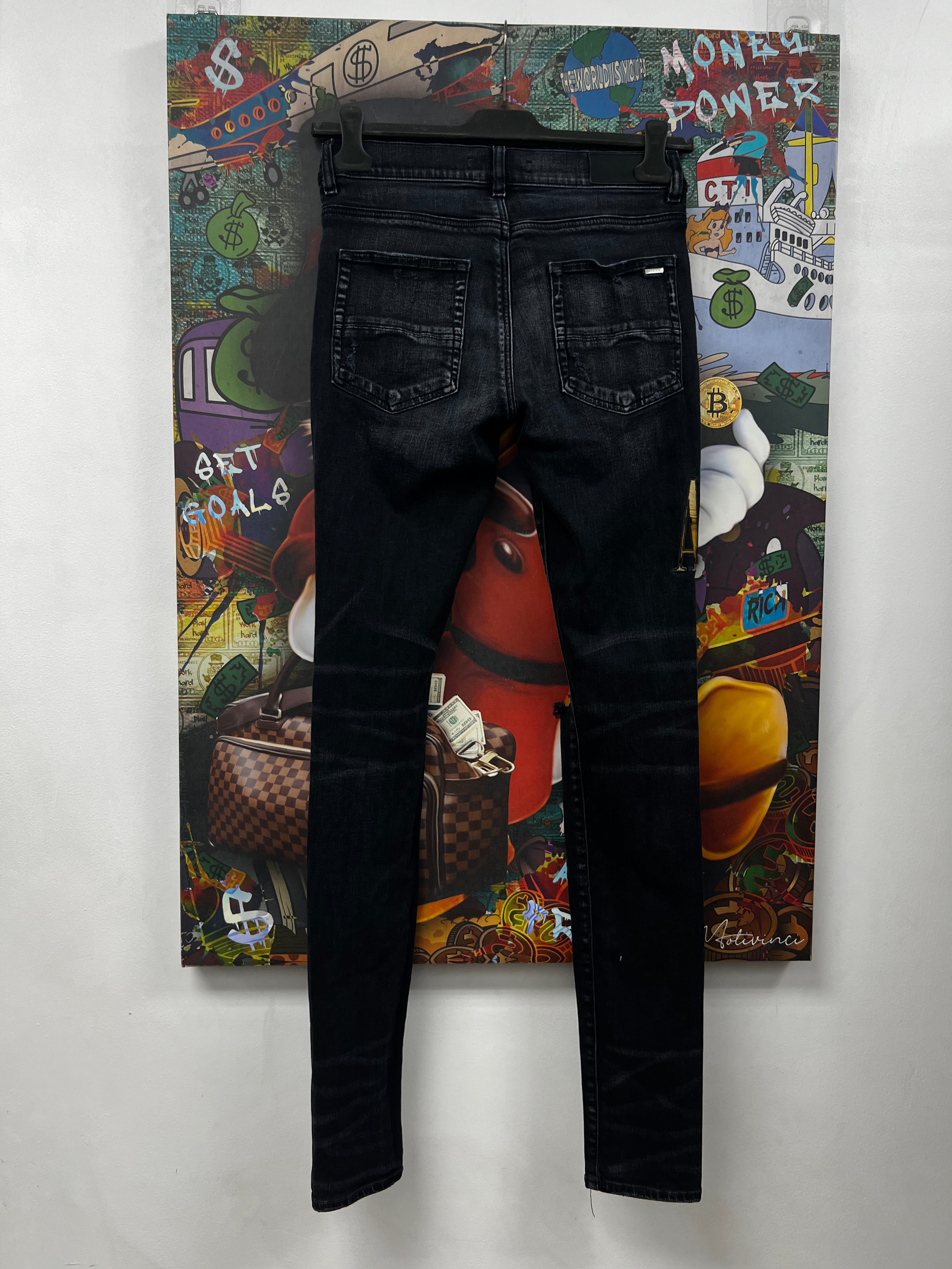 Amiri Black Wash Brown Plaid Side Logo Jeans