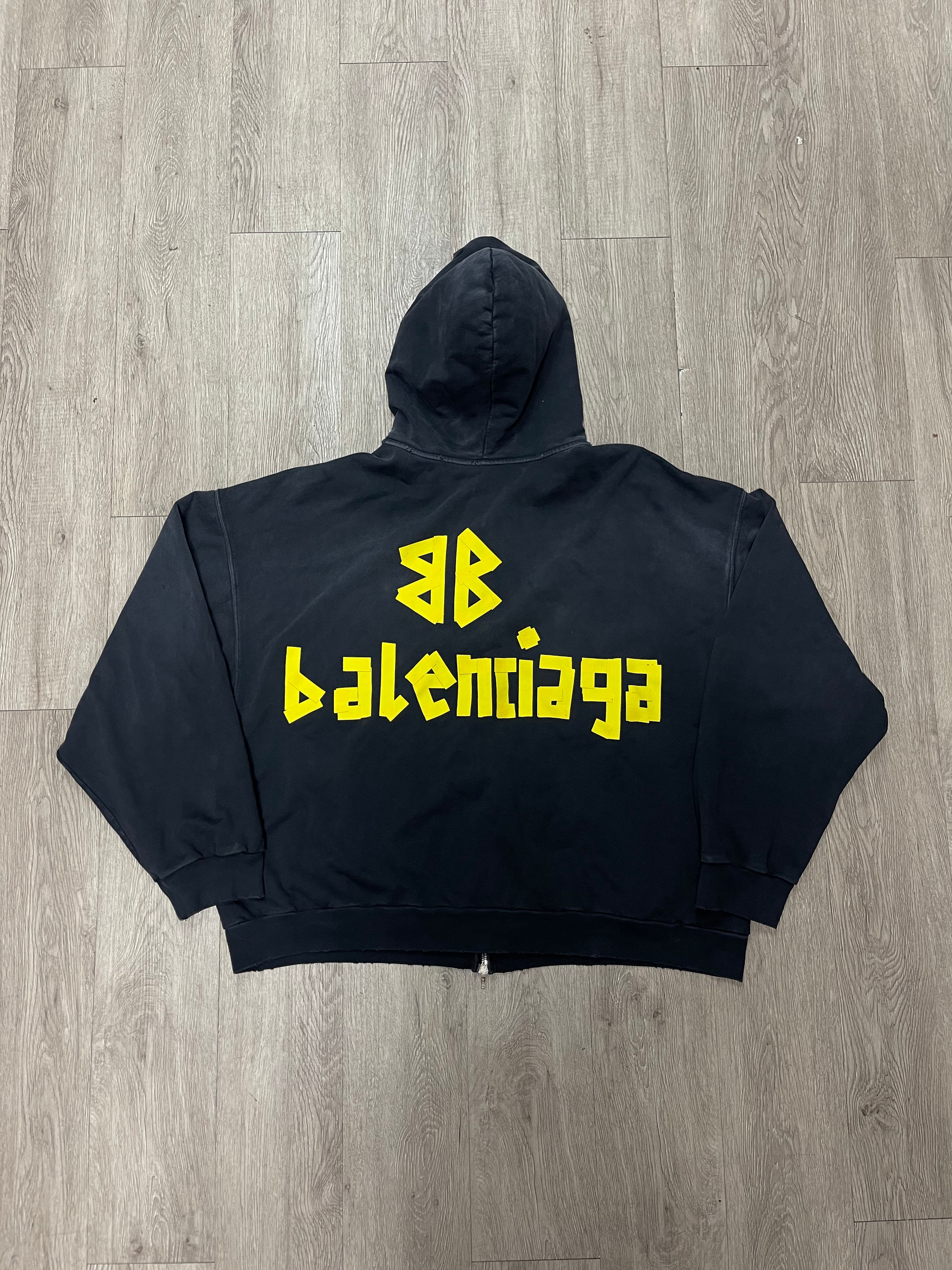 Balenciaga Black Distressed Yellow Tape Zip Up Hoodie