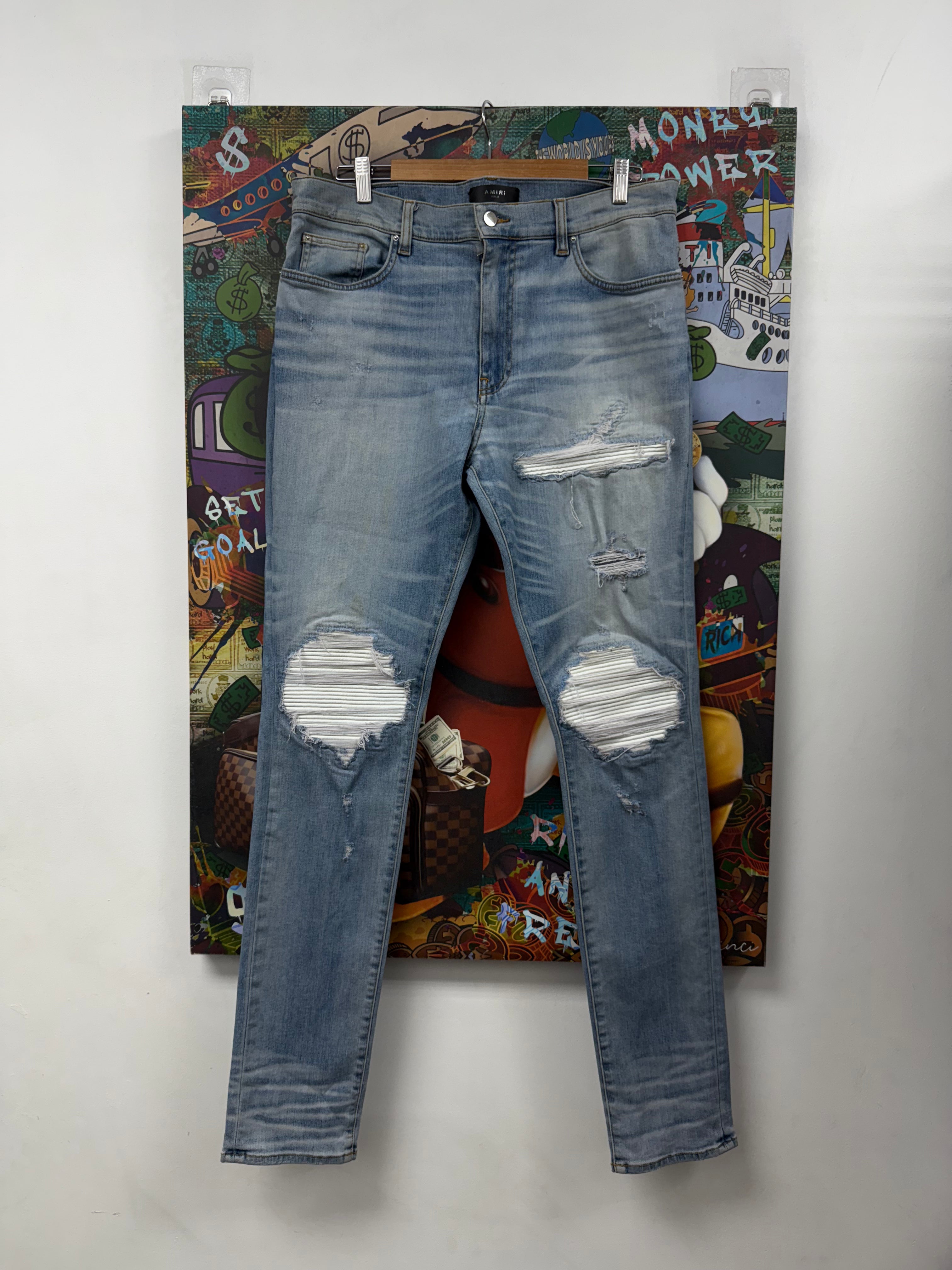 Amiri MX1 Light Wash Leather White Patch Jeans