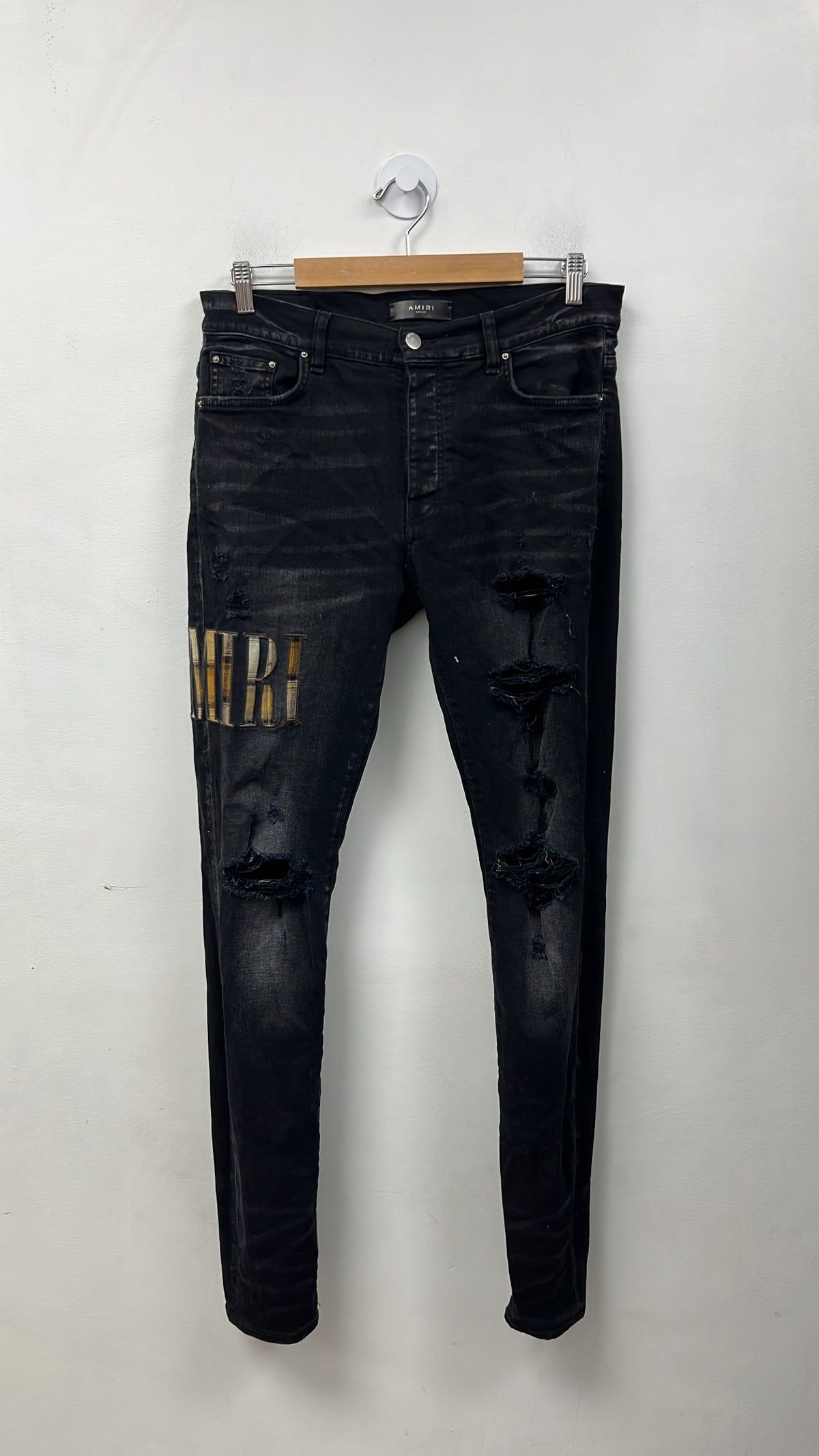 Amiri Black Wash Yellow Plaid Side Logo Jeans
