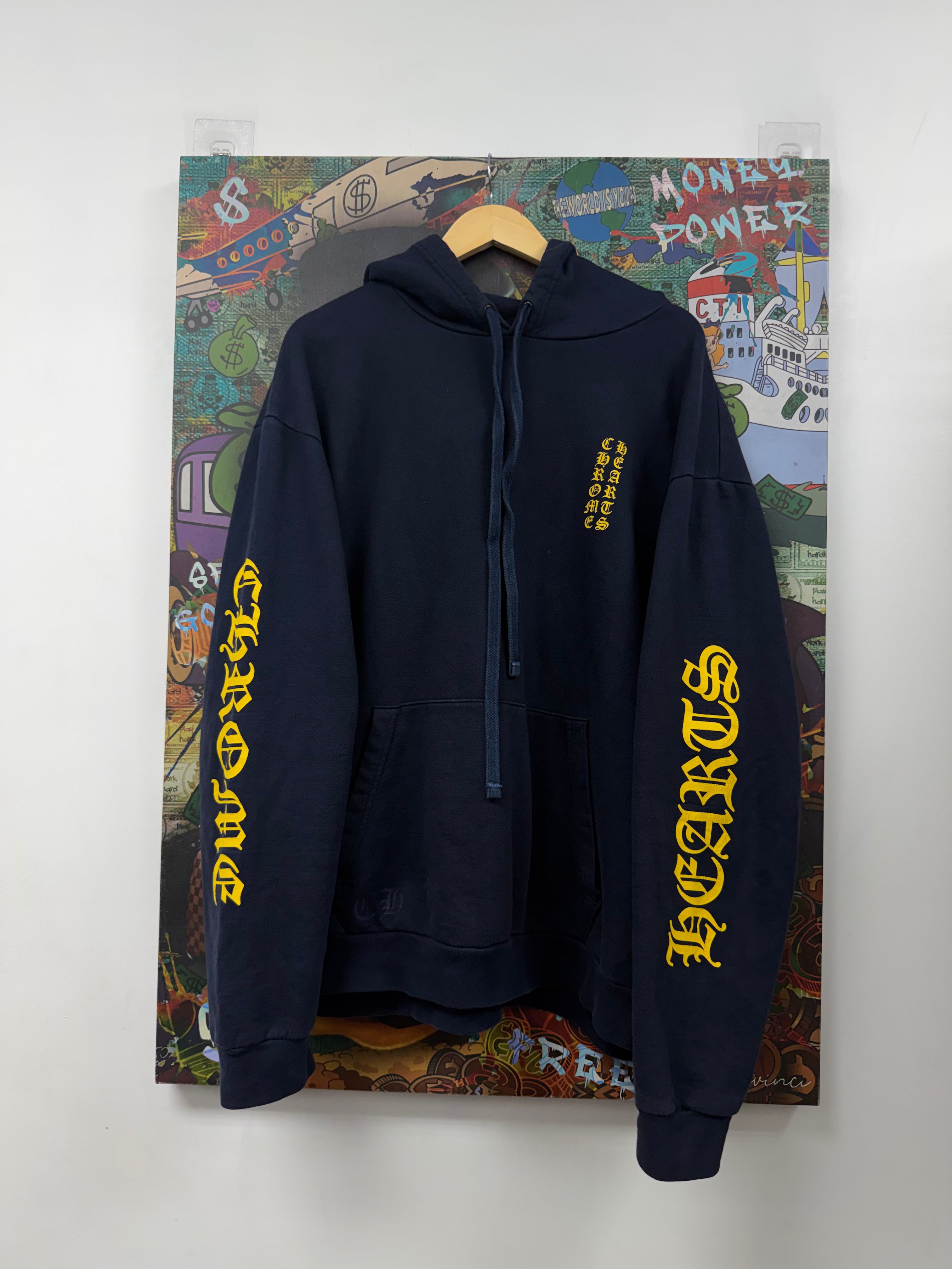 Chrome Hearts Navy Yellow Vertical Logo Hoodie