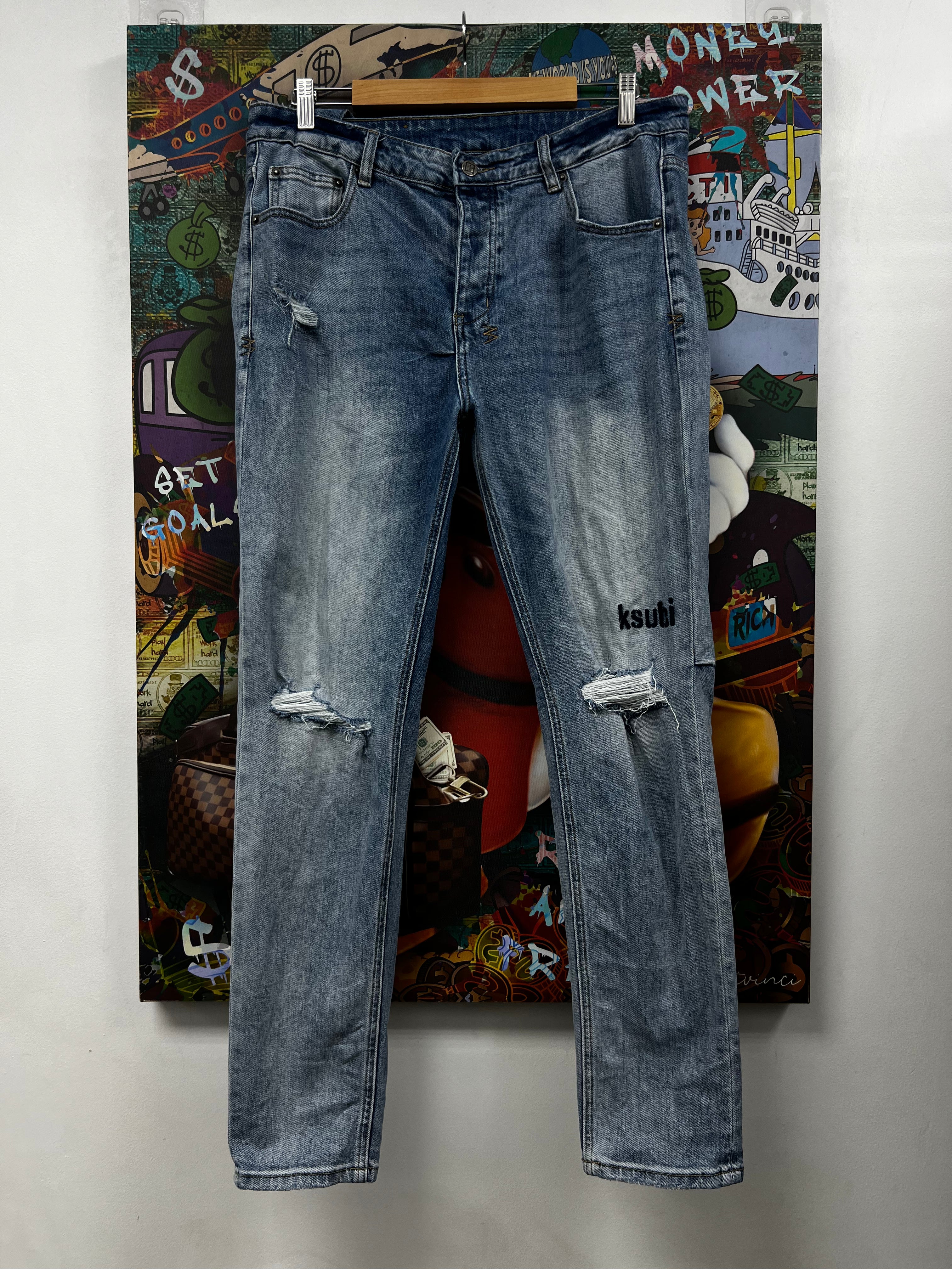 Ksubi Light Wash Knee Embroidered Jeans