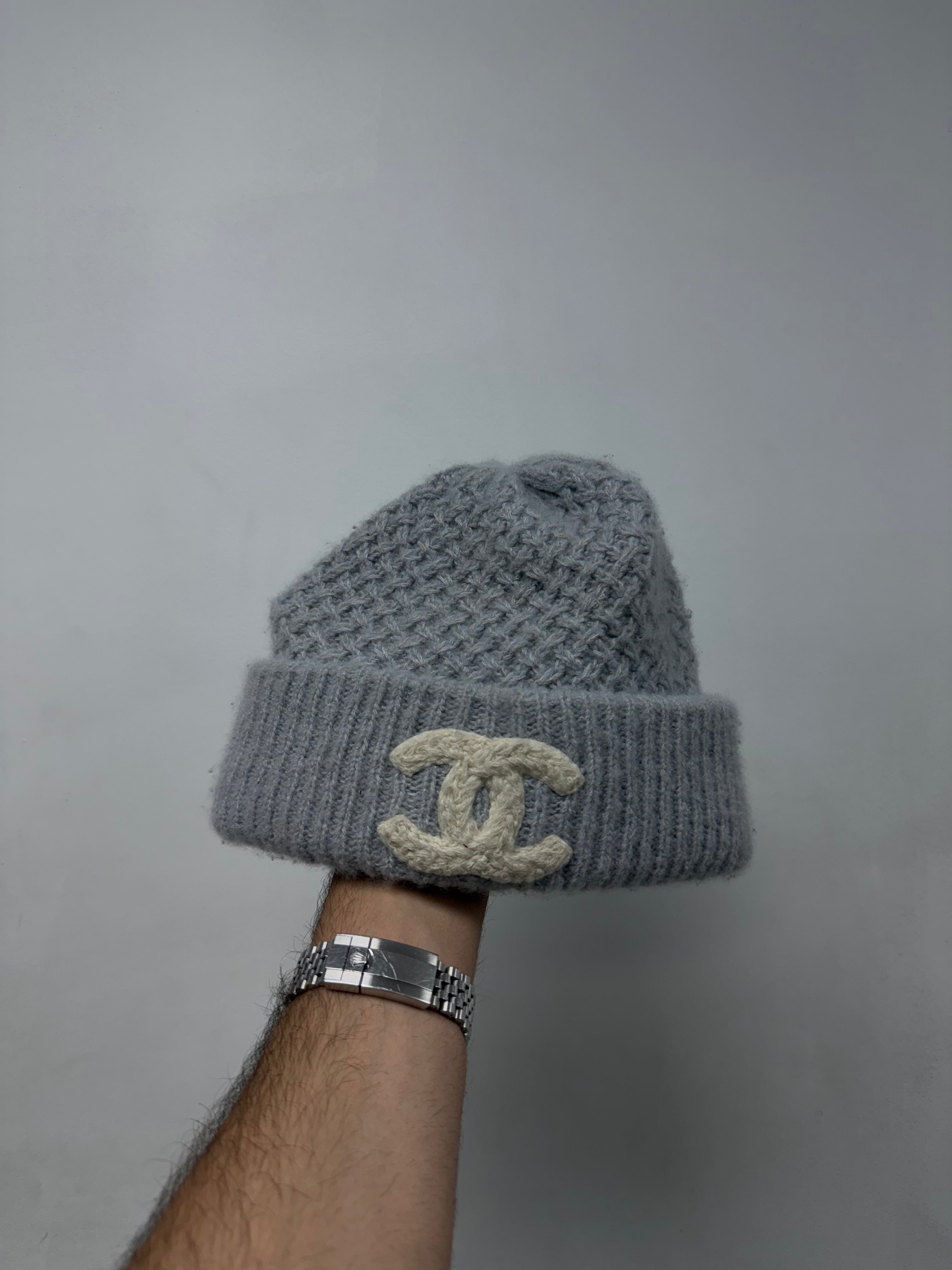 Chanel Grey Cream CC Logo Beanie