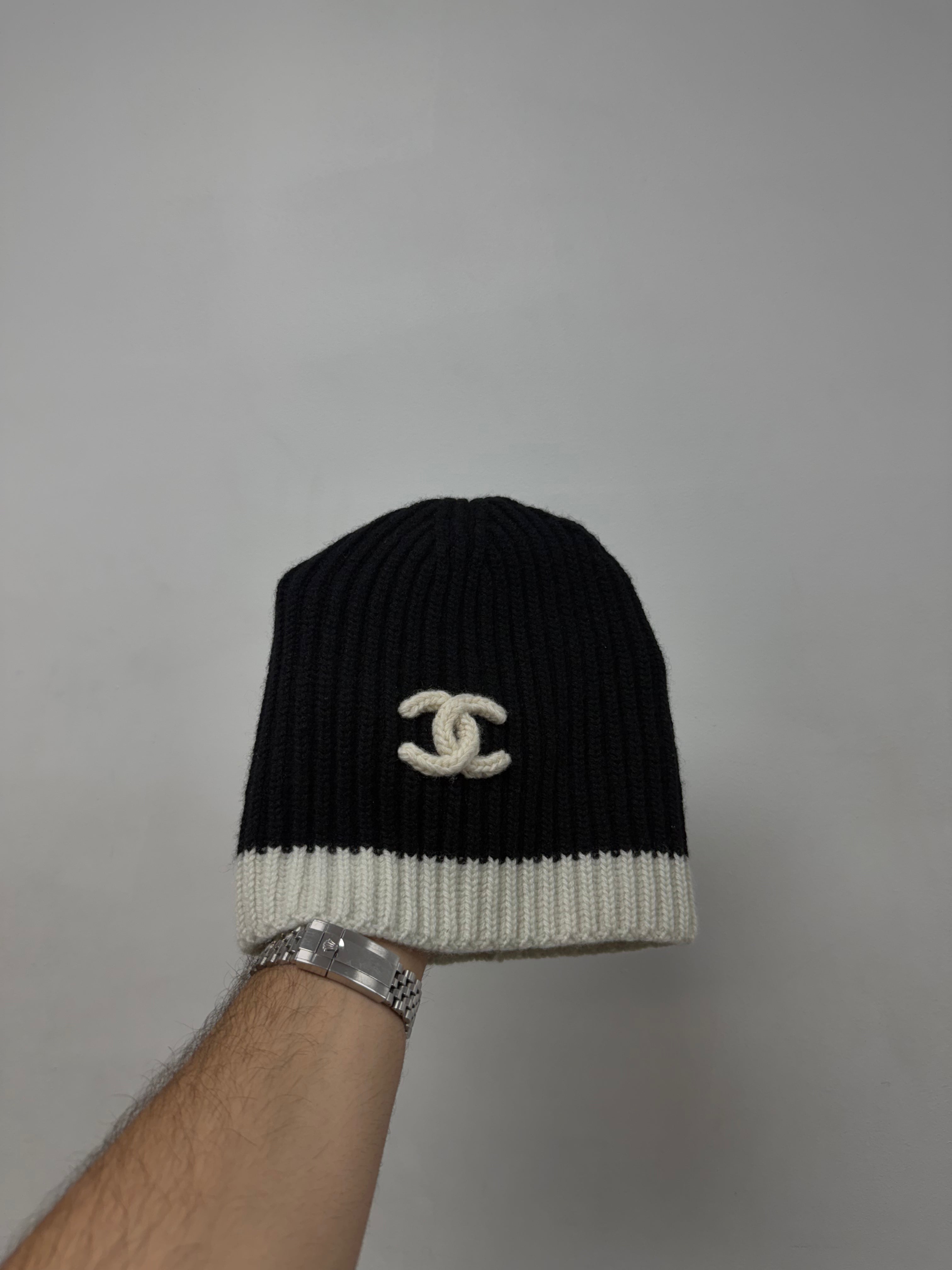 Chanel Black Cream Knit Beanie