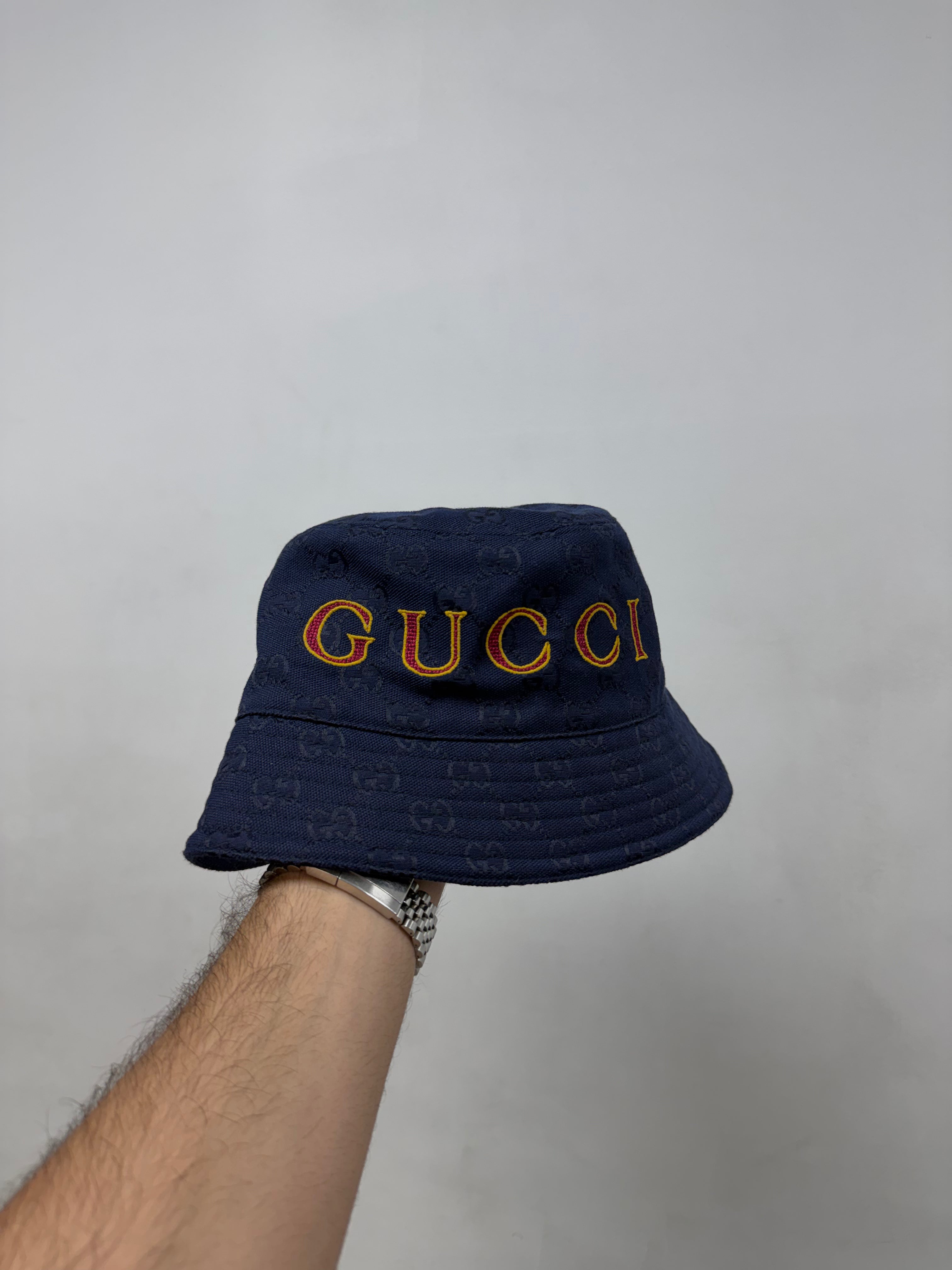 Gucci Navy Burgundy GG Canvas Bucket Hat