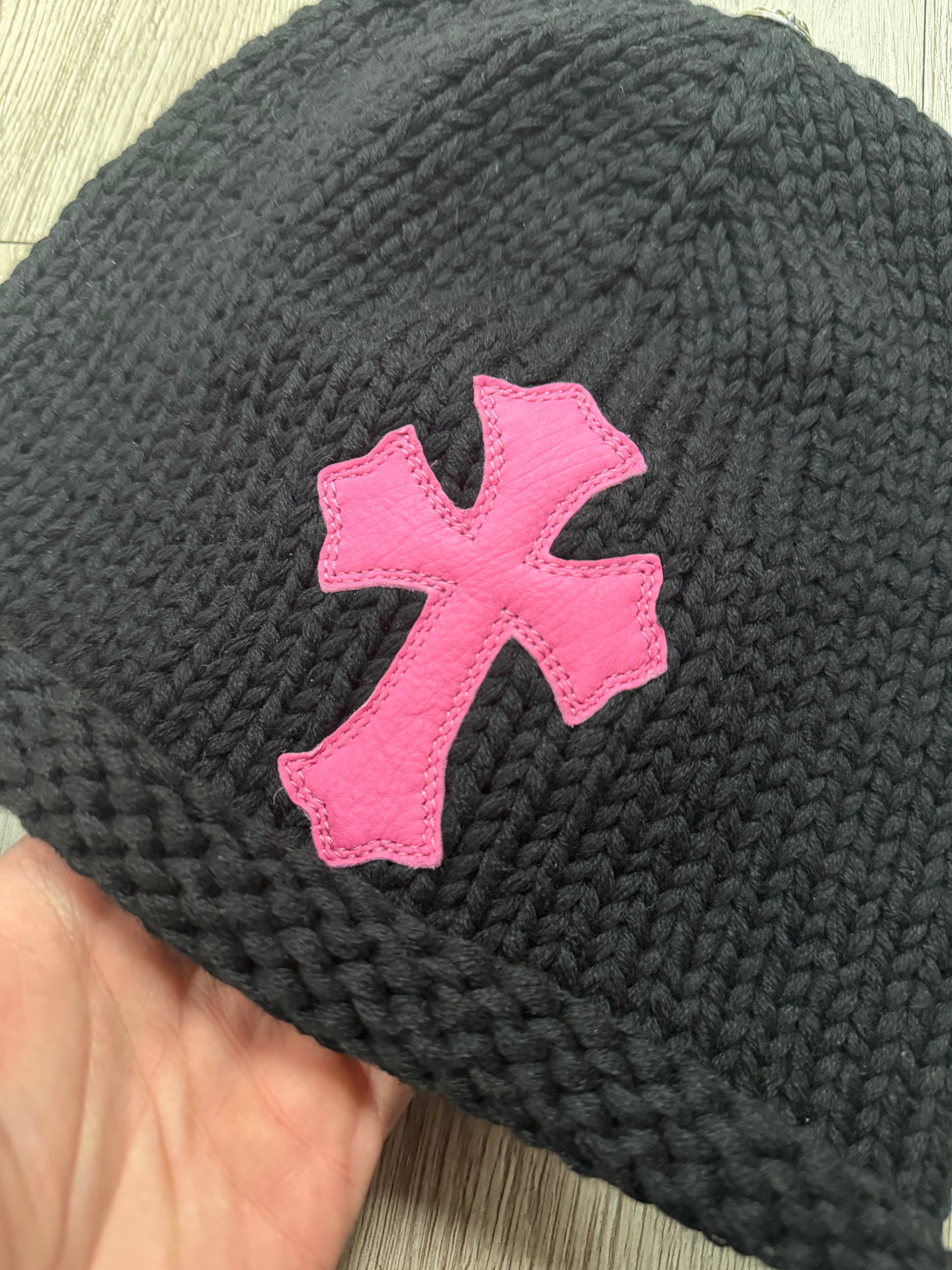Chrome Hearts Black Pink Cashmere Cross Patch Beanie