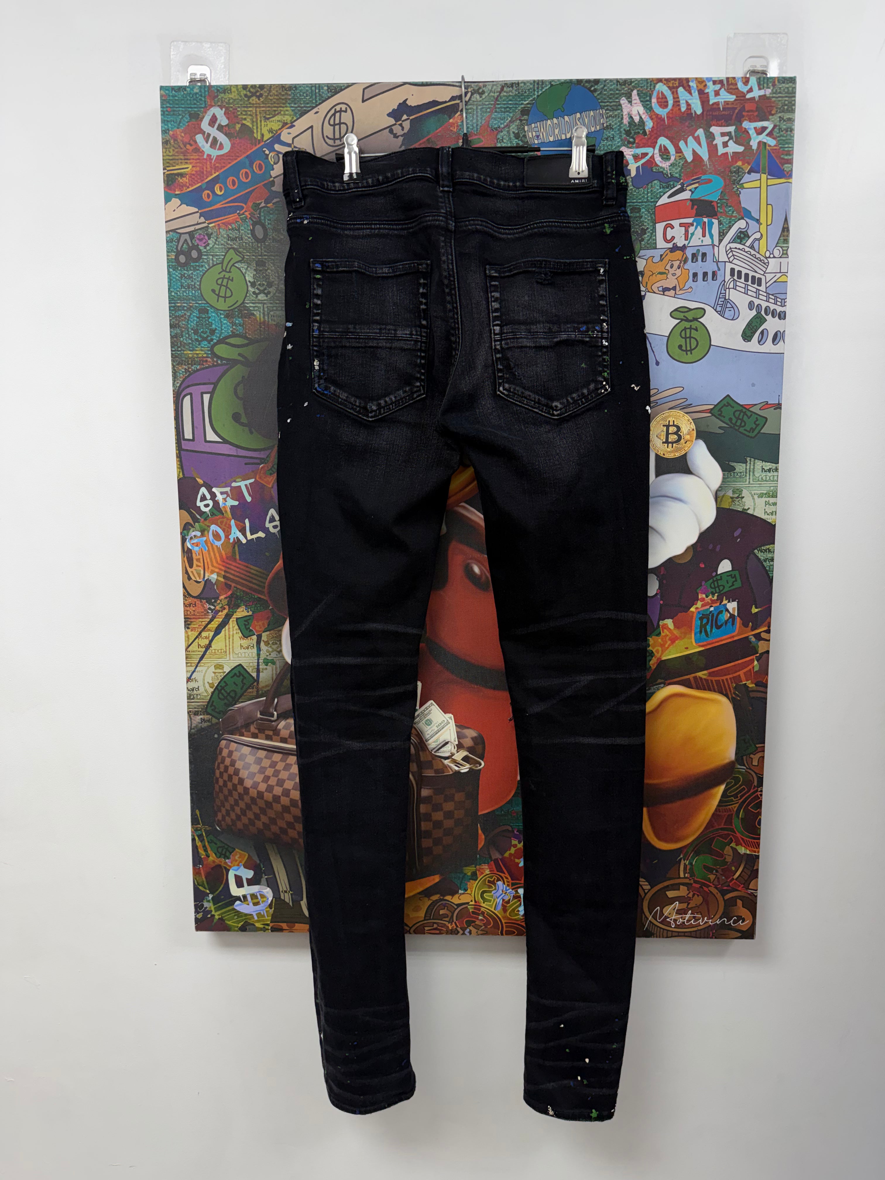 Amiri MX1 Black Wash Denim Splatter Patch Jeans